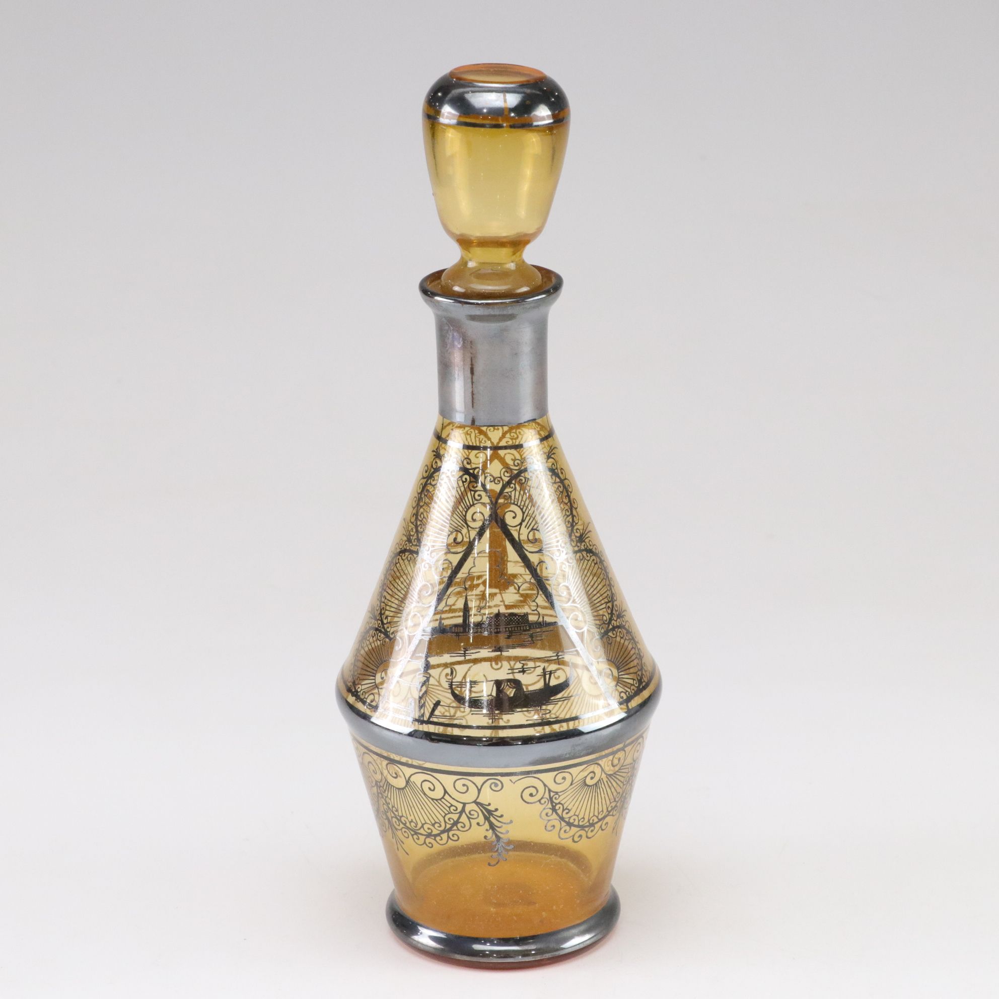 Venetian Silver Enamel Amber Glass Decanter and Liquor Glasses