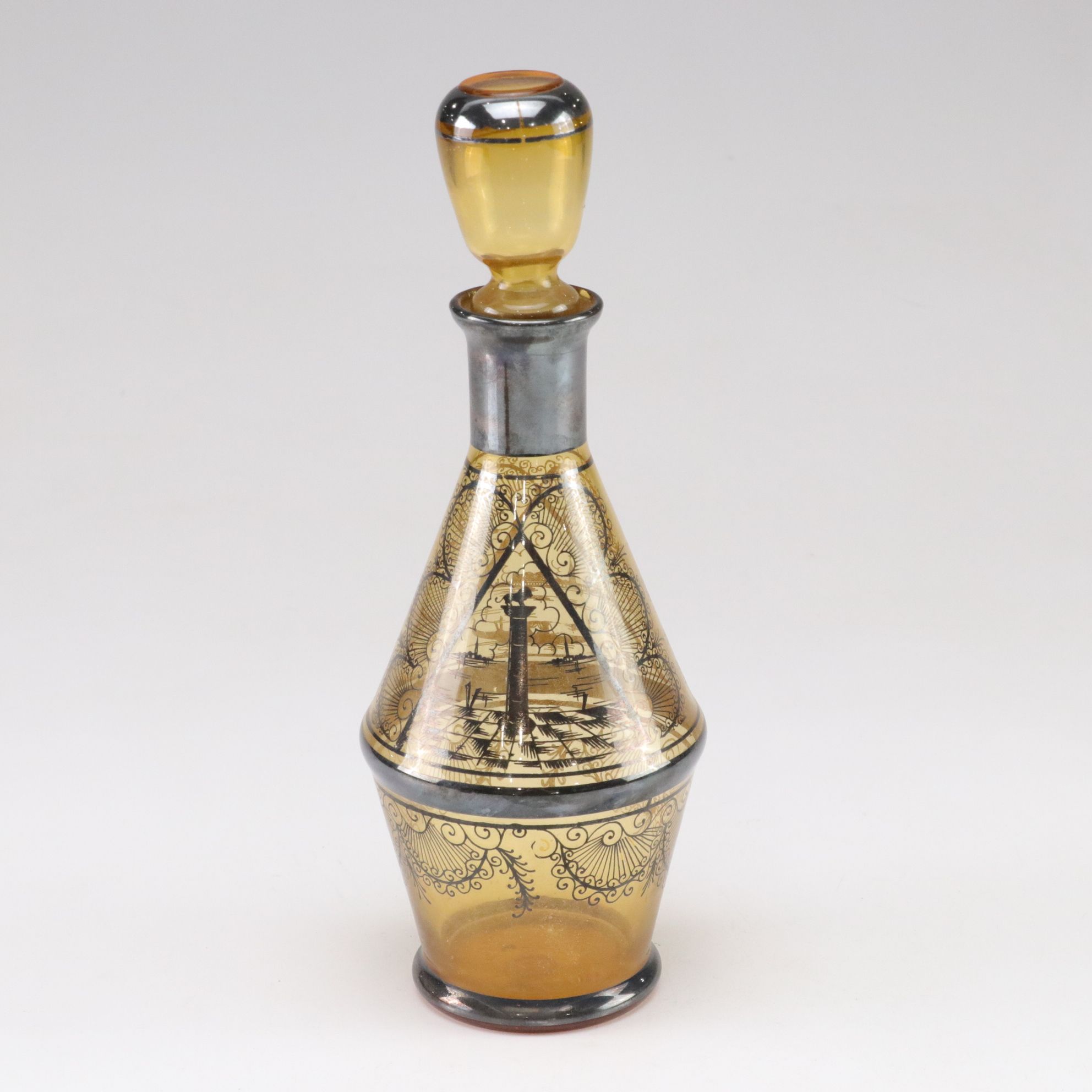 Venetian Silver Enamel Amber Glass Decanter and Liquor Glasses