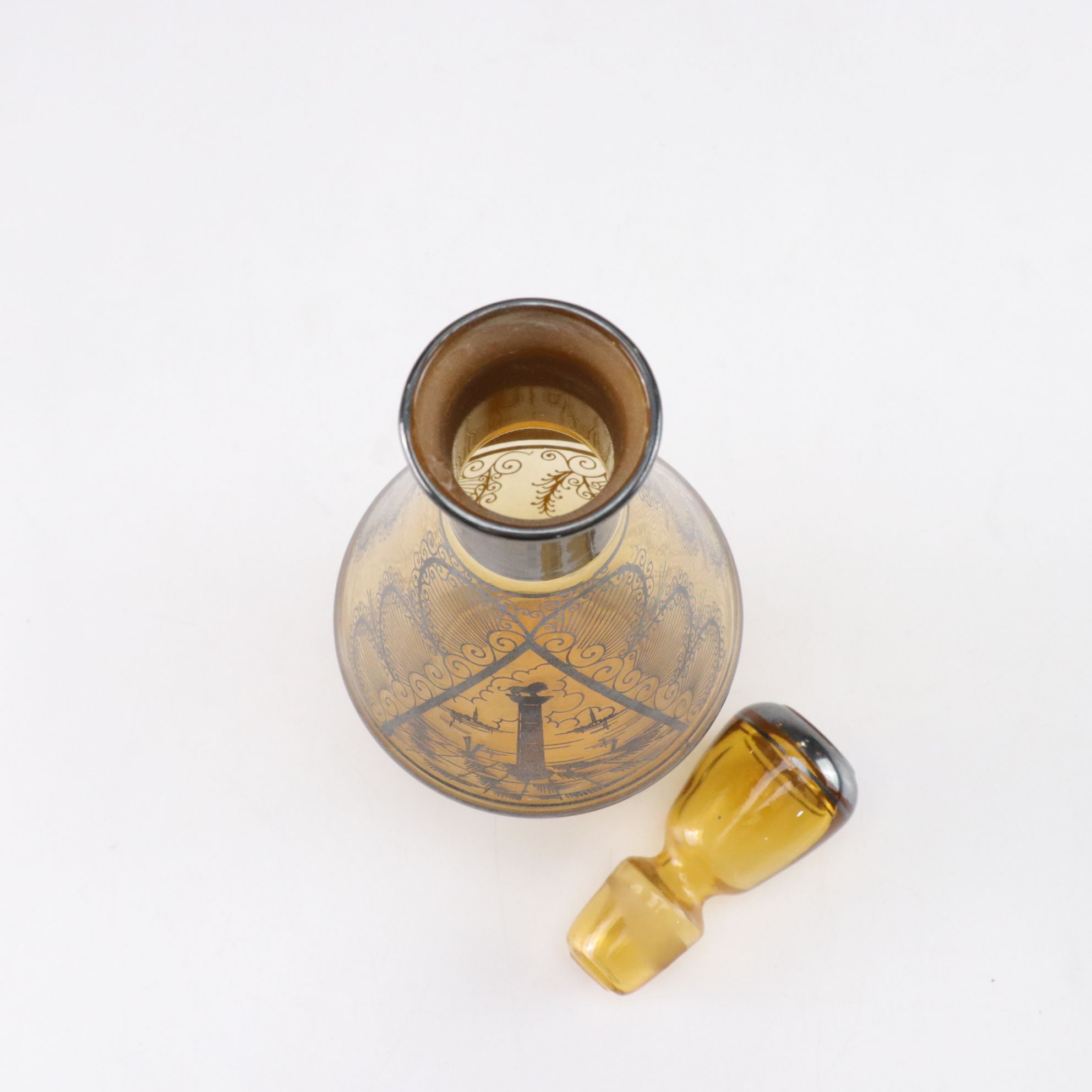 Venetian Silver Enamel Amber Glass Decanter and Liquor Glasses