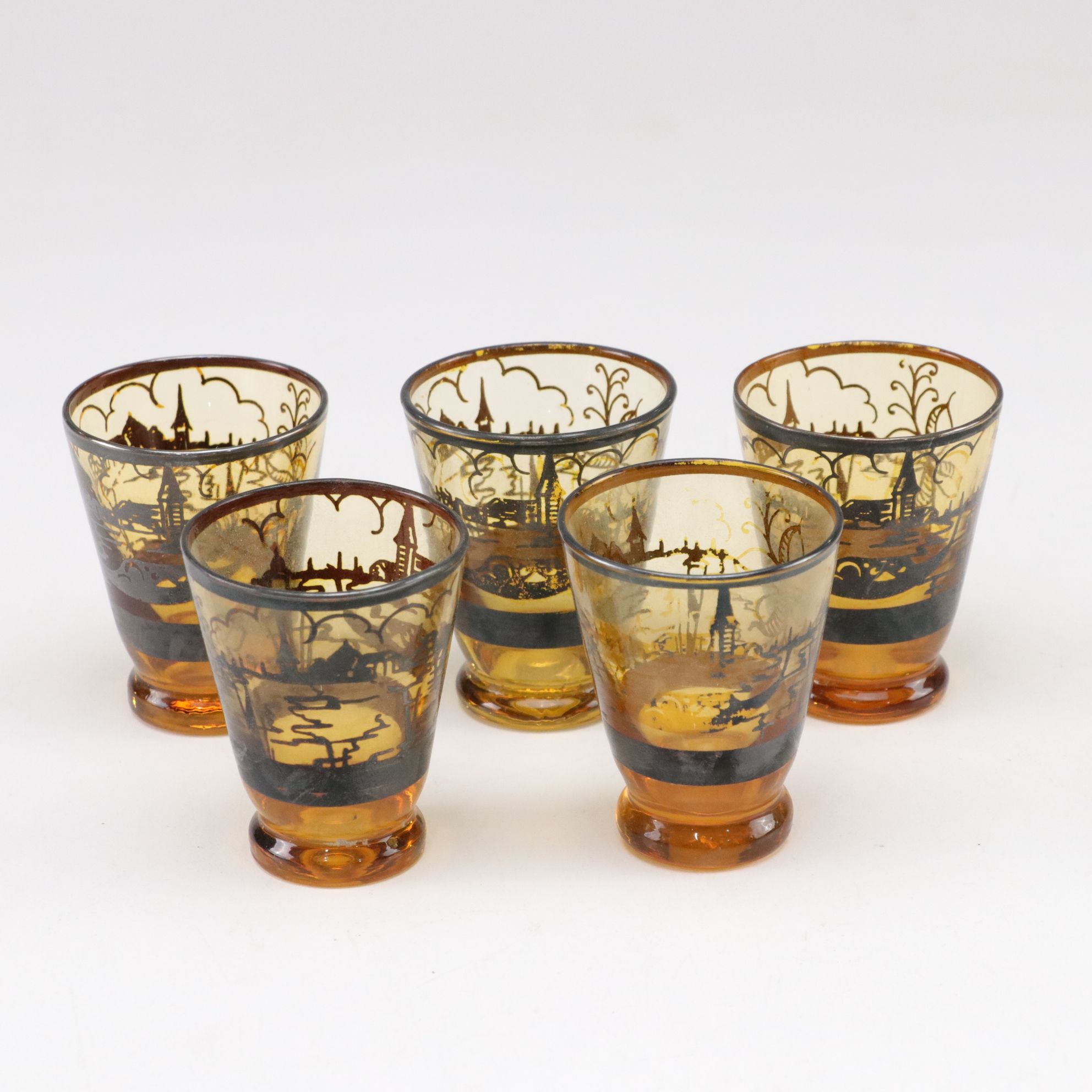 Venetian Silver Enamel Amber Glass Decanter and Liquor Glasses