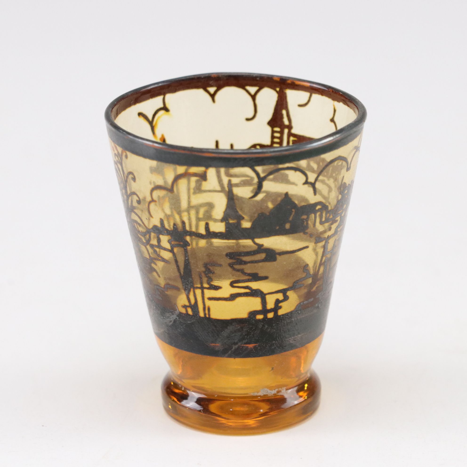 Venetian Silver Enamel Amber Glass Decanter and Liquor Glasses