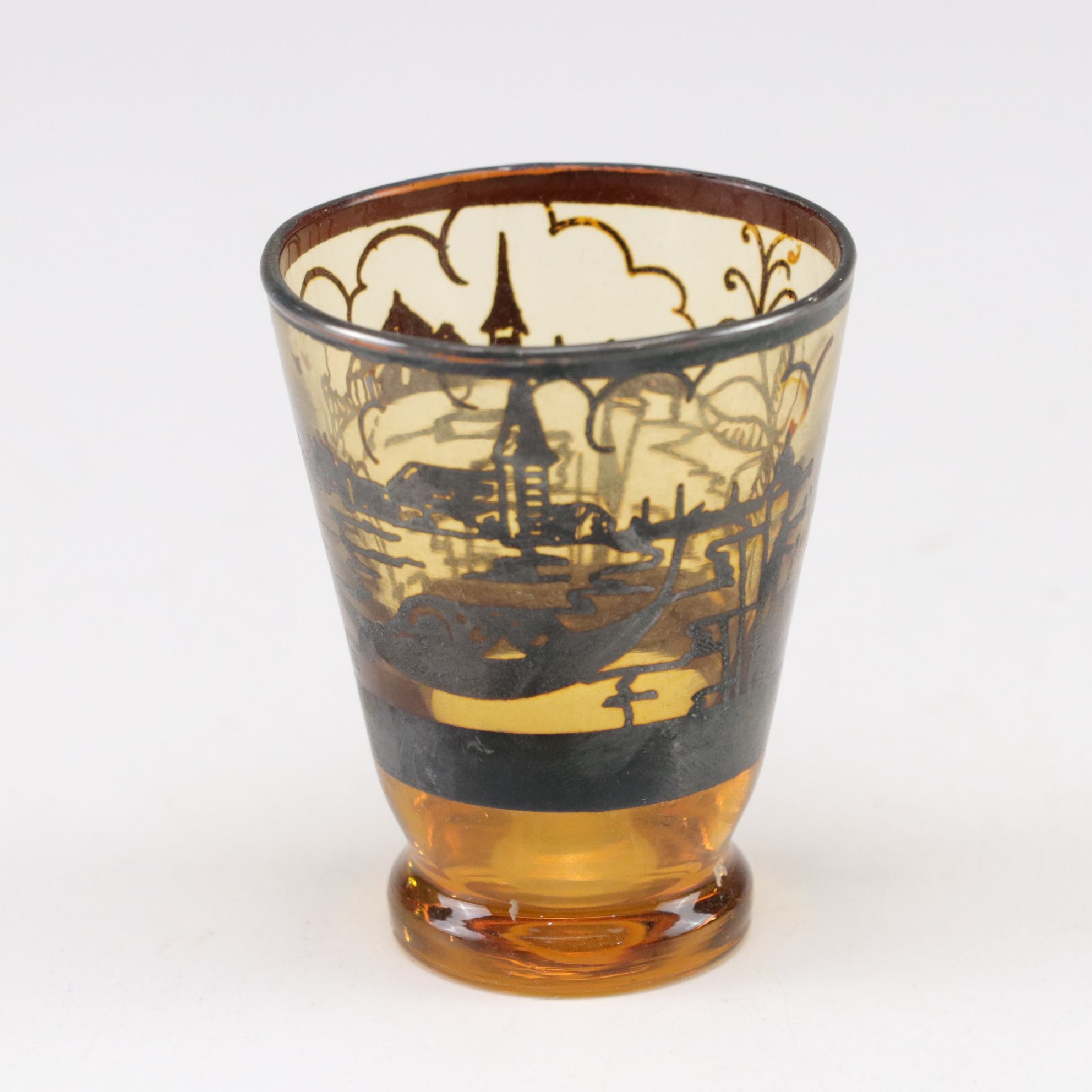 Venetian Silver Enamel Amber Glass Decanter and Liquor Glasses