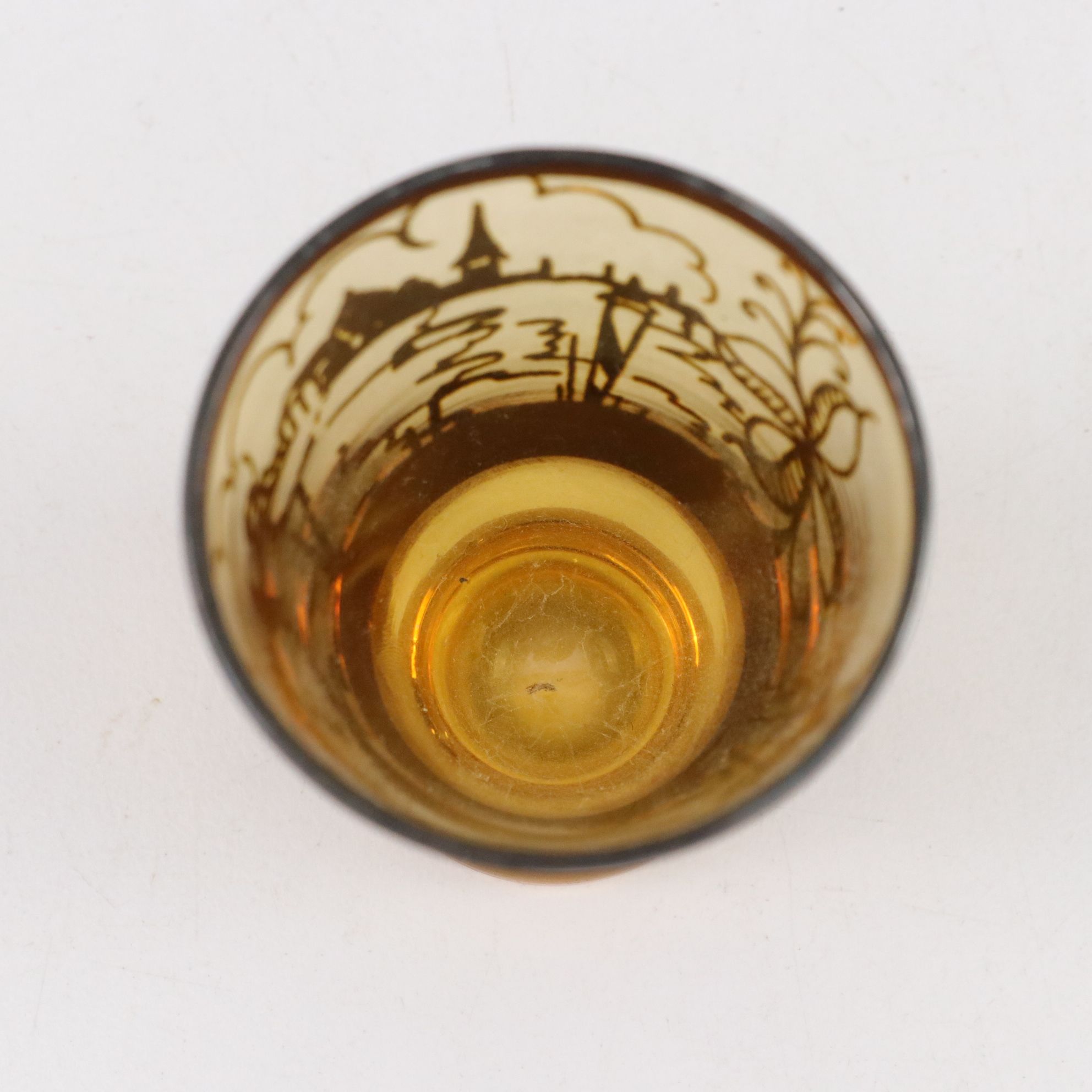 Venetian Silver Enamel Amber Glass Decanter and Liquor Glasses