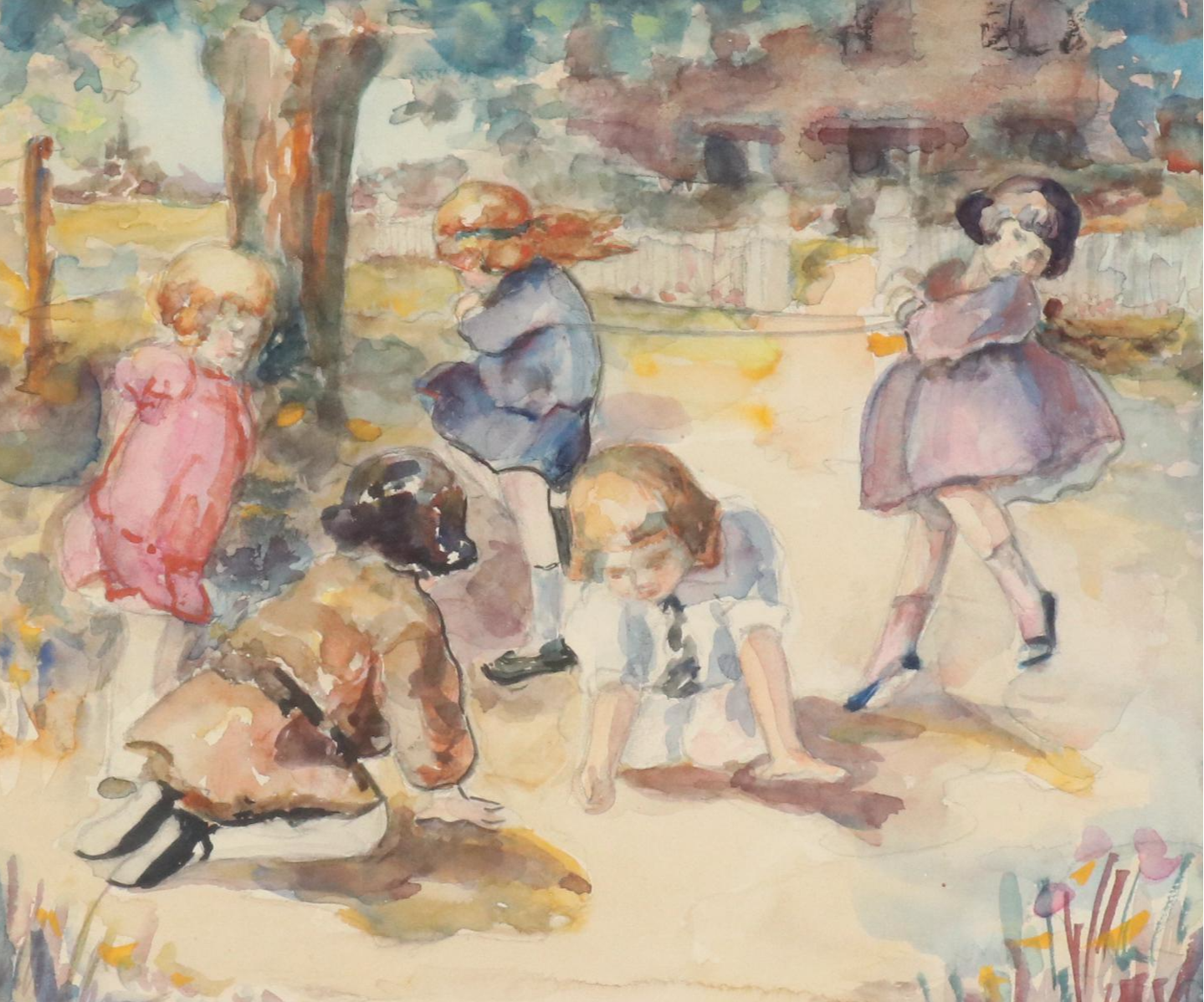 Jennie A. Kernick Watercolor Painting of Children Playing "Spring," 1997