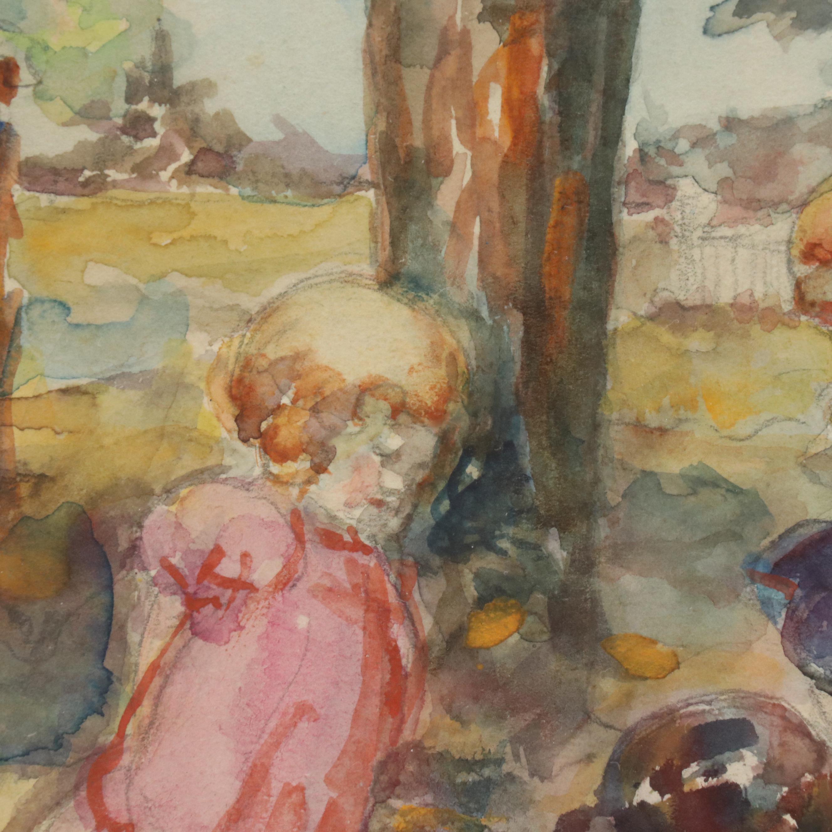 Jennie A. Kernick Watercolor Painting of Children Playing "Spring," 1997