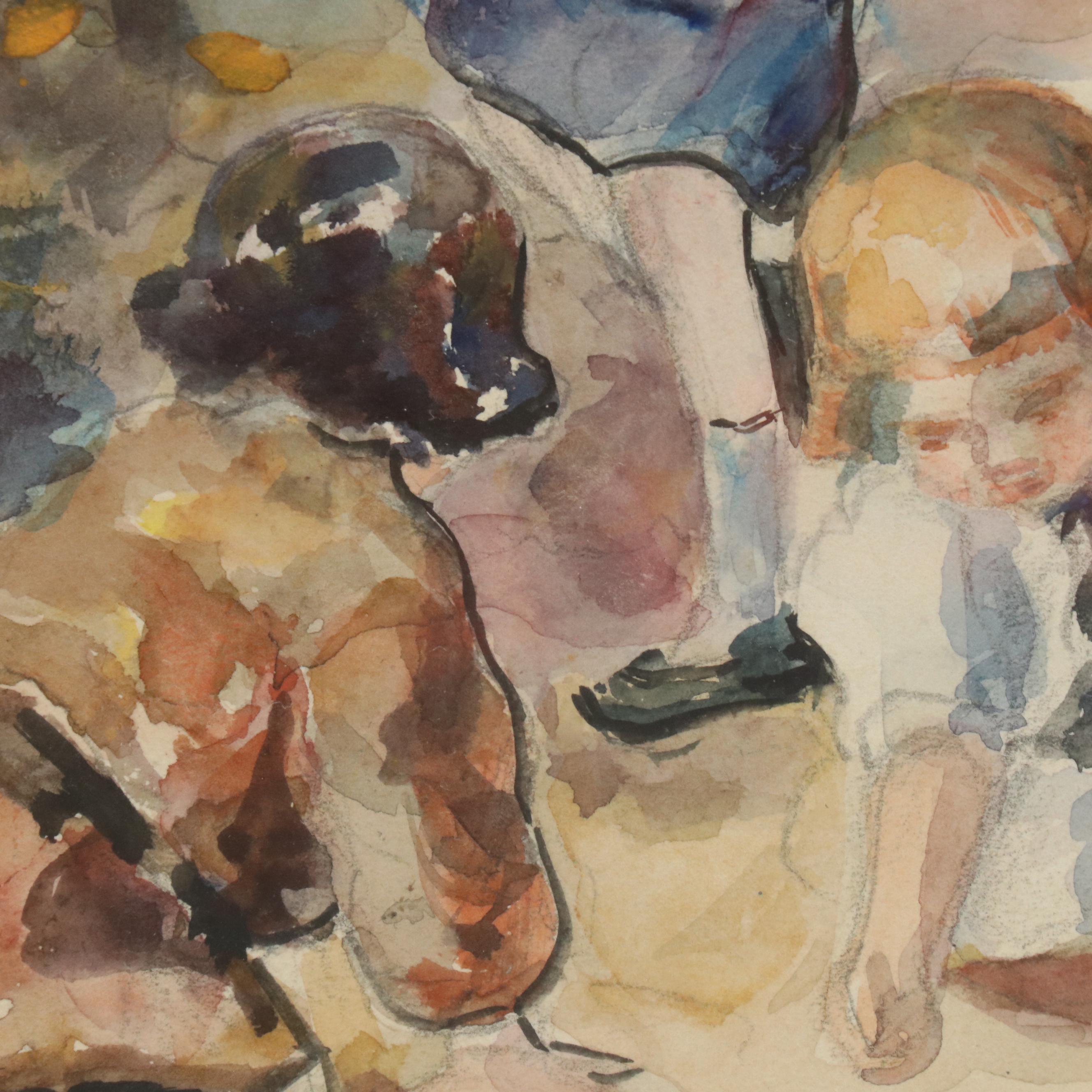 Jennie A. Kernick Watercolor Painting of Children Playing "Spring," 1997
