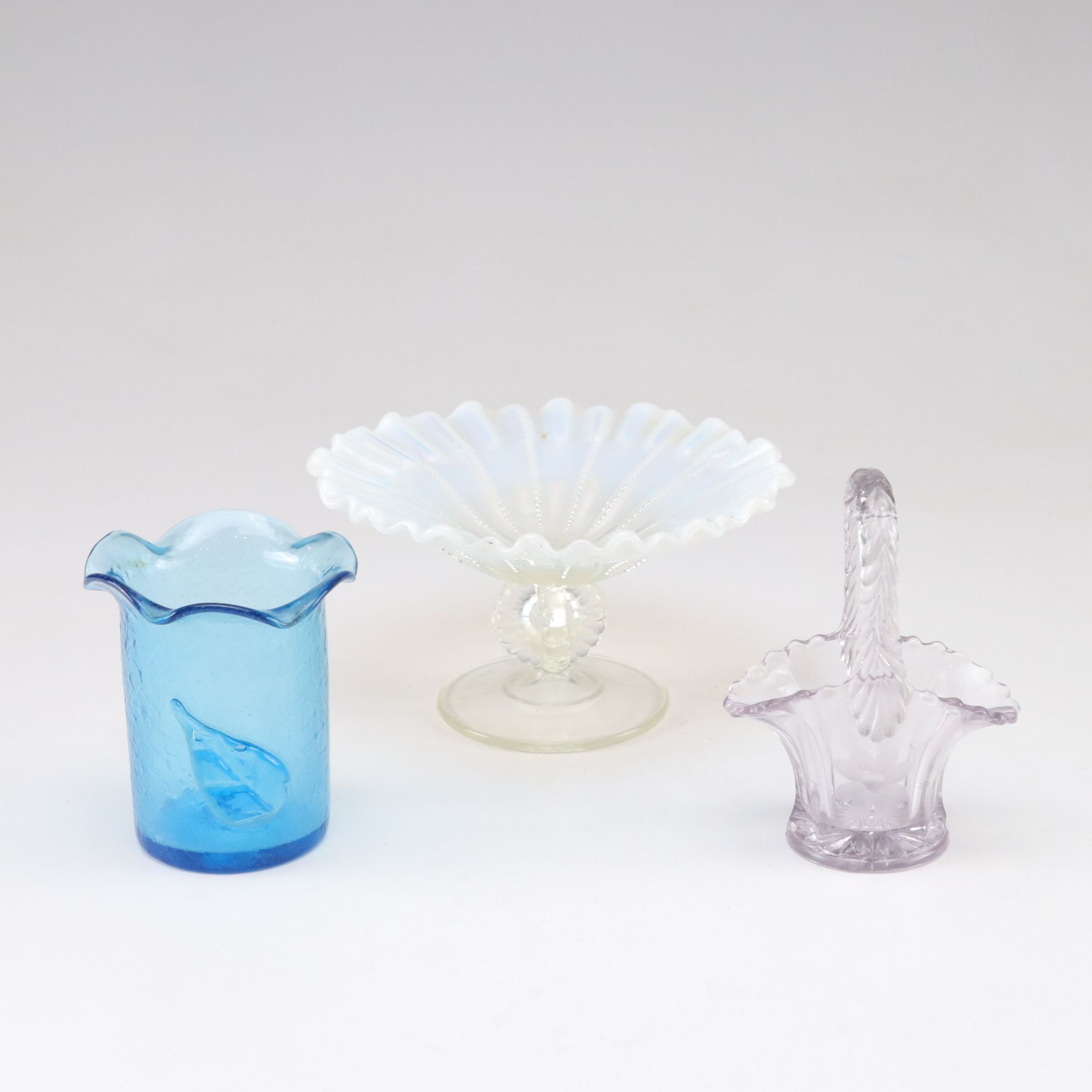 Fenton White Opalescent Glass Pedestal Dish with Etched Glass Basket and More