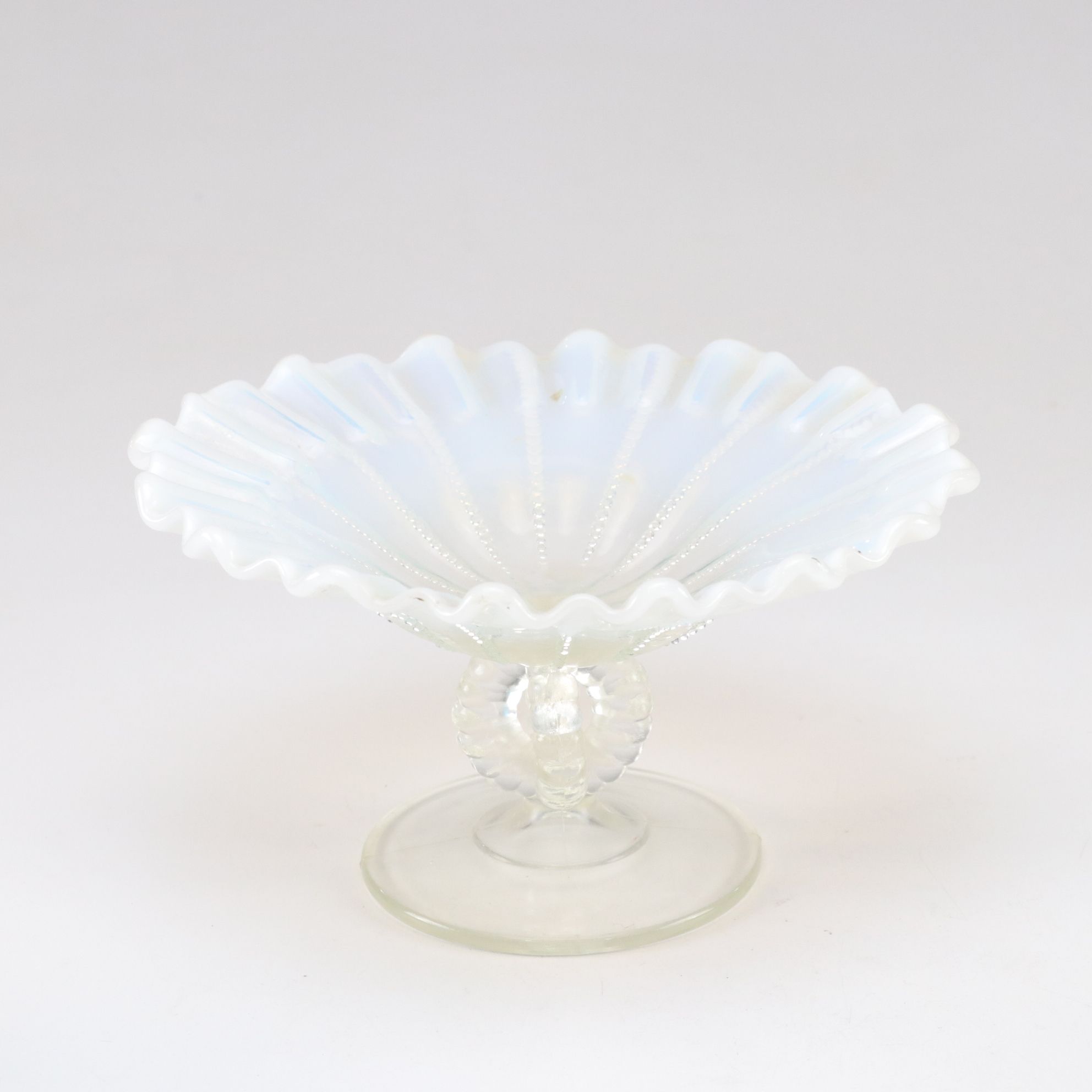 Fenton White Opalescent Glass Pedestal Dish with Etched Glass Basket and More