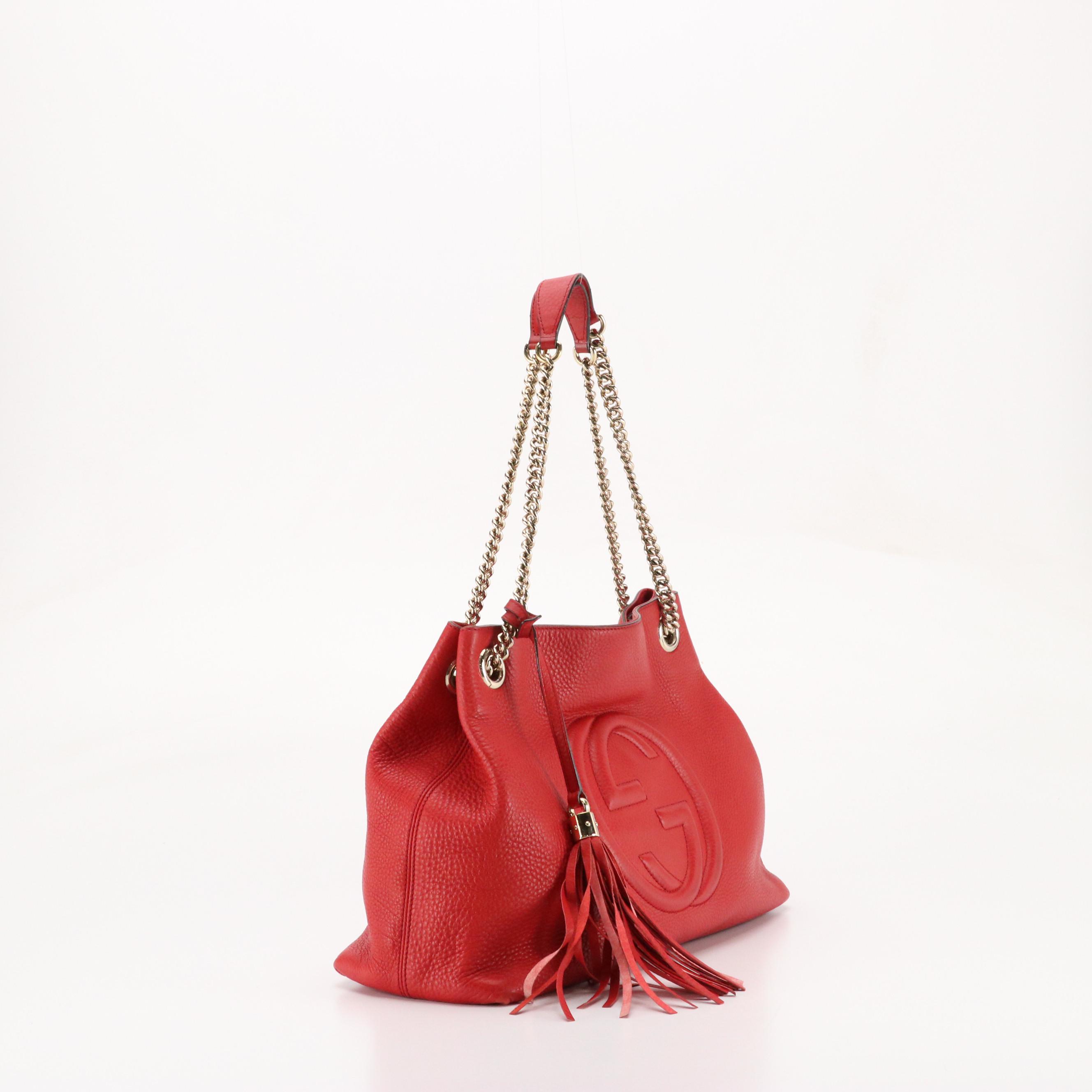 Gucci Soho Chain Shoulder Bag in Red Pebbled Calfskin Leather