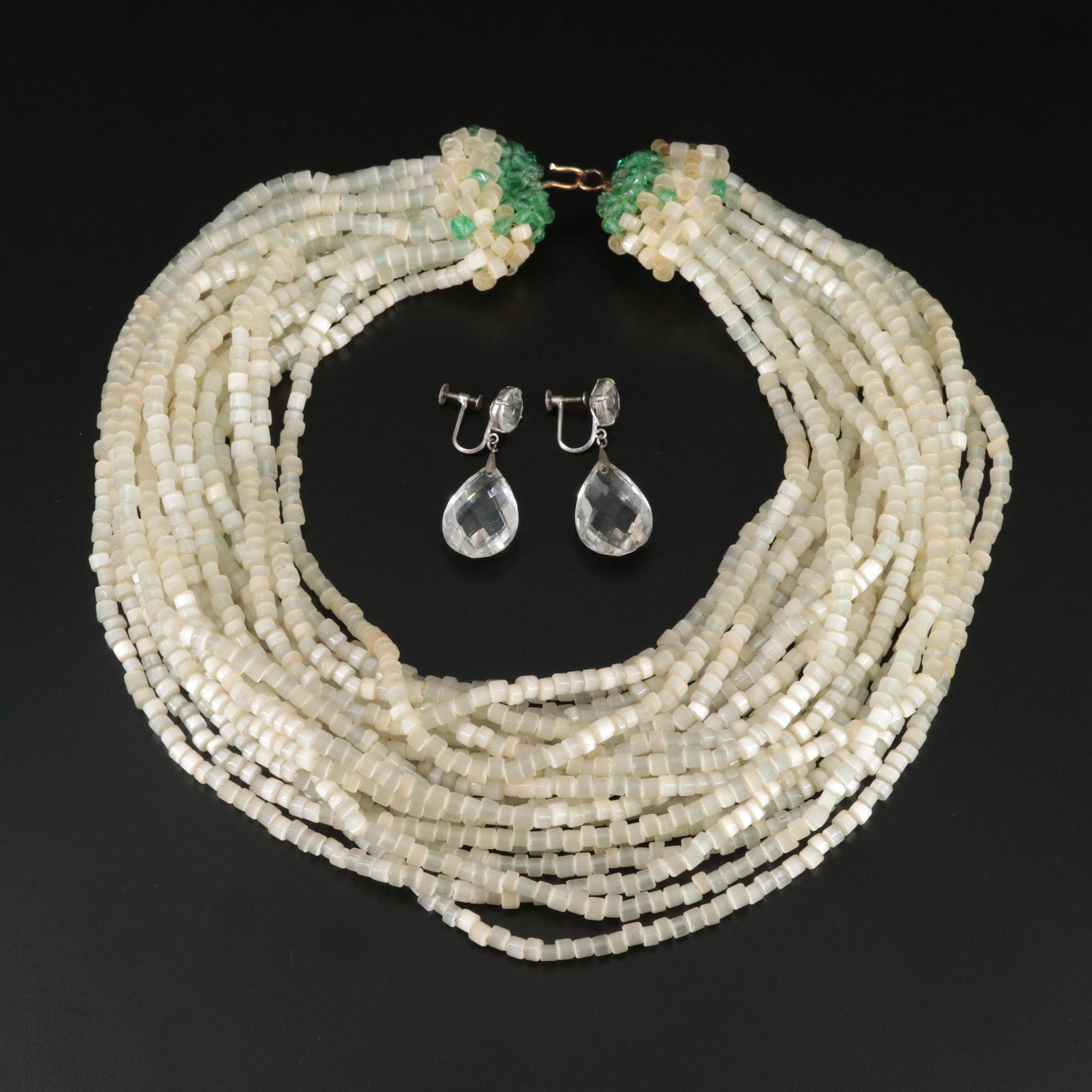 Rock Crystal and Glass Bead Necklace and Drop Earrings