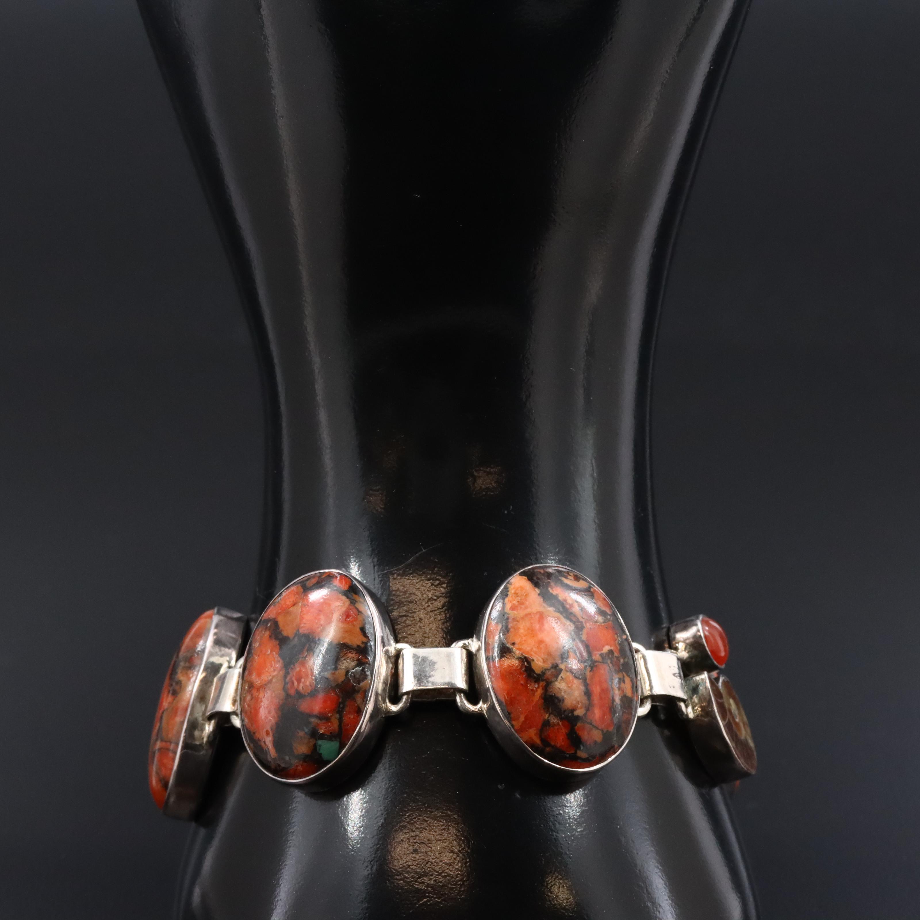 Sterling Coral, Ammonite and Carnelian Bracelet