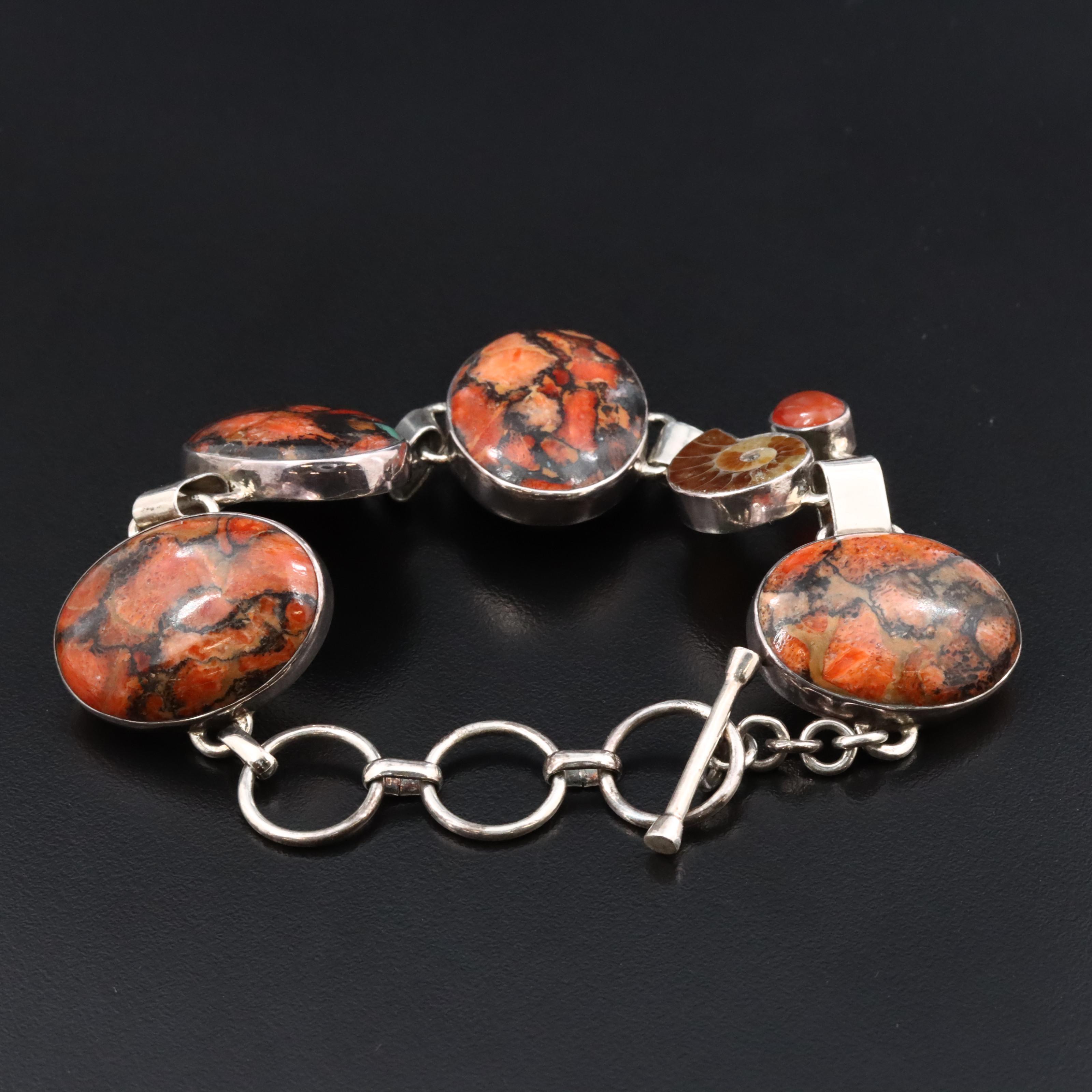 Sterling Coral, Ammonite and Carnelian Bracelet