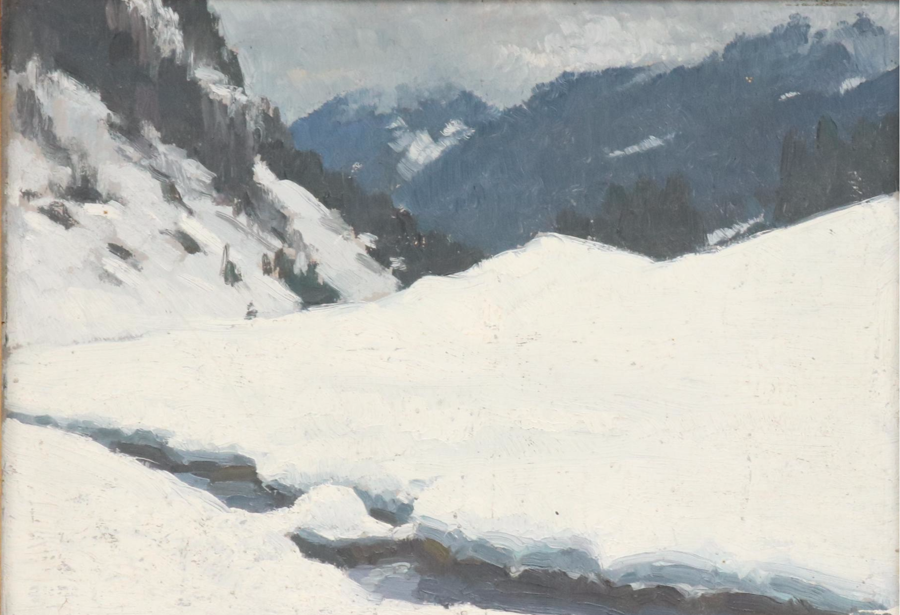 Robert Fernier Mountainous Winter Landscape Oil Painting with Stream, Mid 20th C