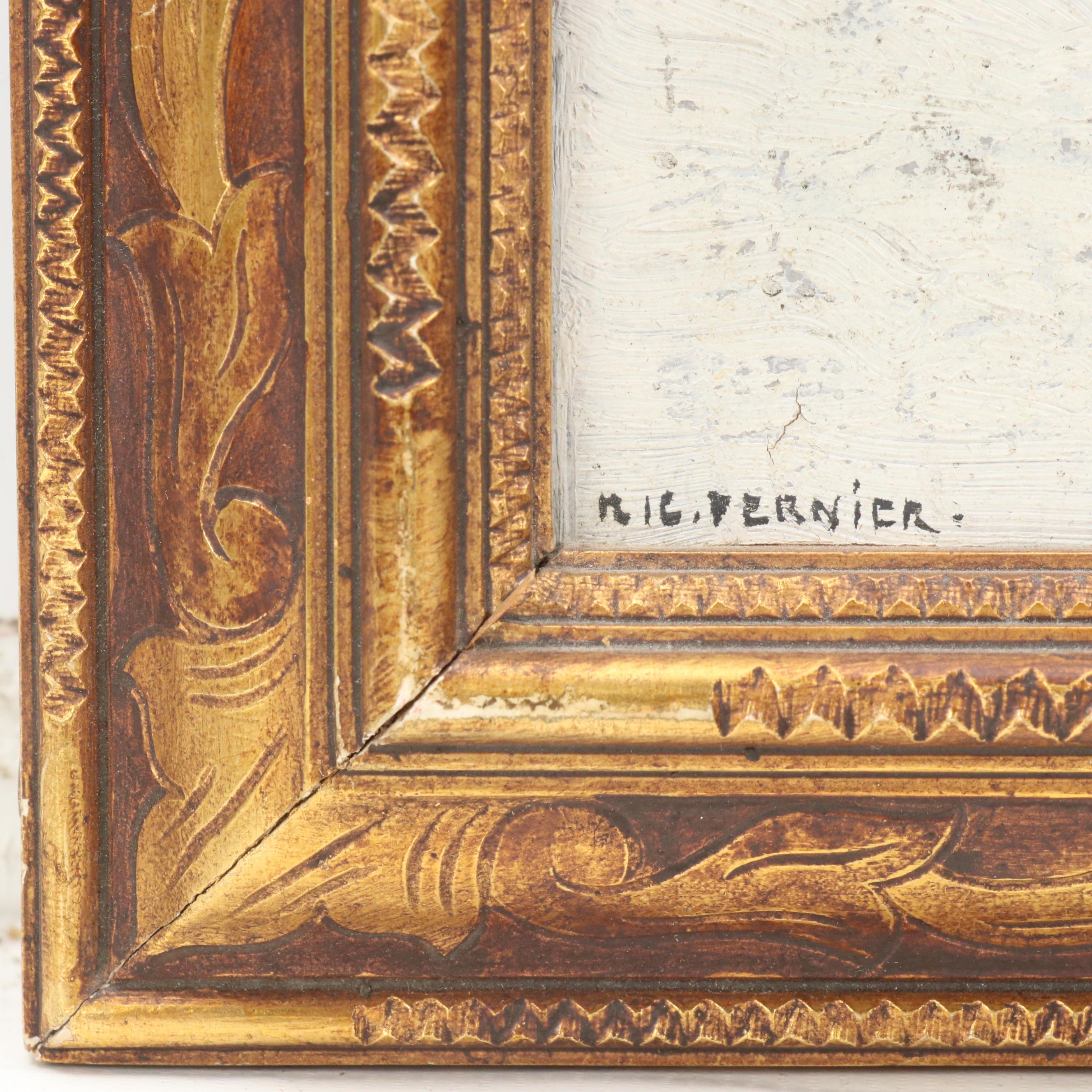 Robert Fernier Mountainous Winter Landscape Oil Painting with Stream, Mid 20th C