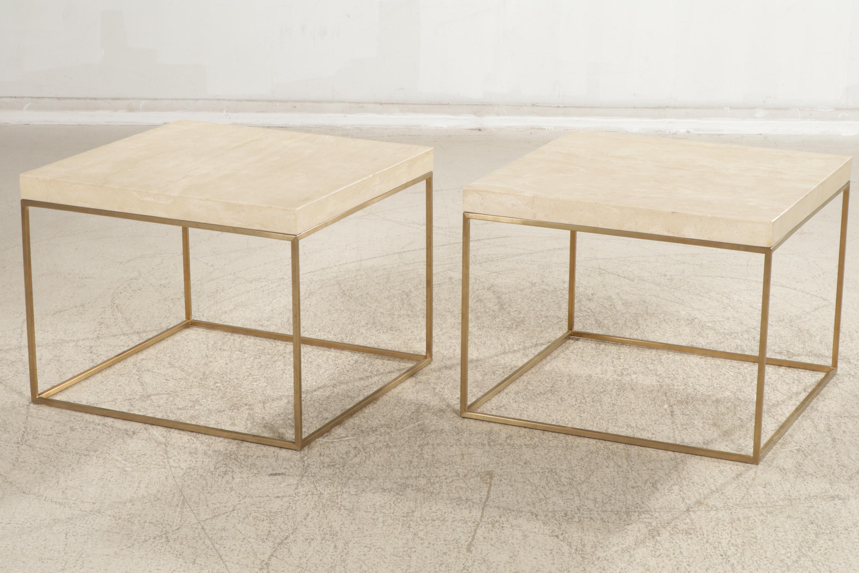 Pair of Contemporary West Elm Travertine-Top Side Tables, 2017