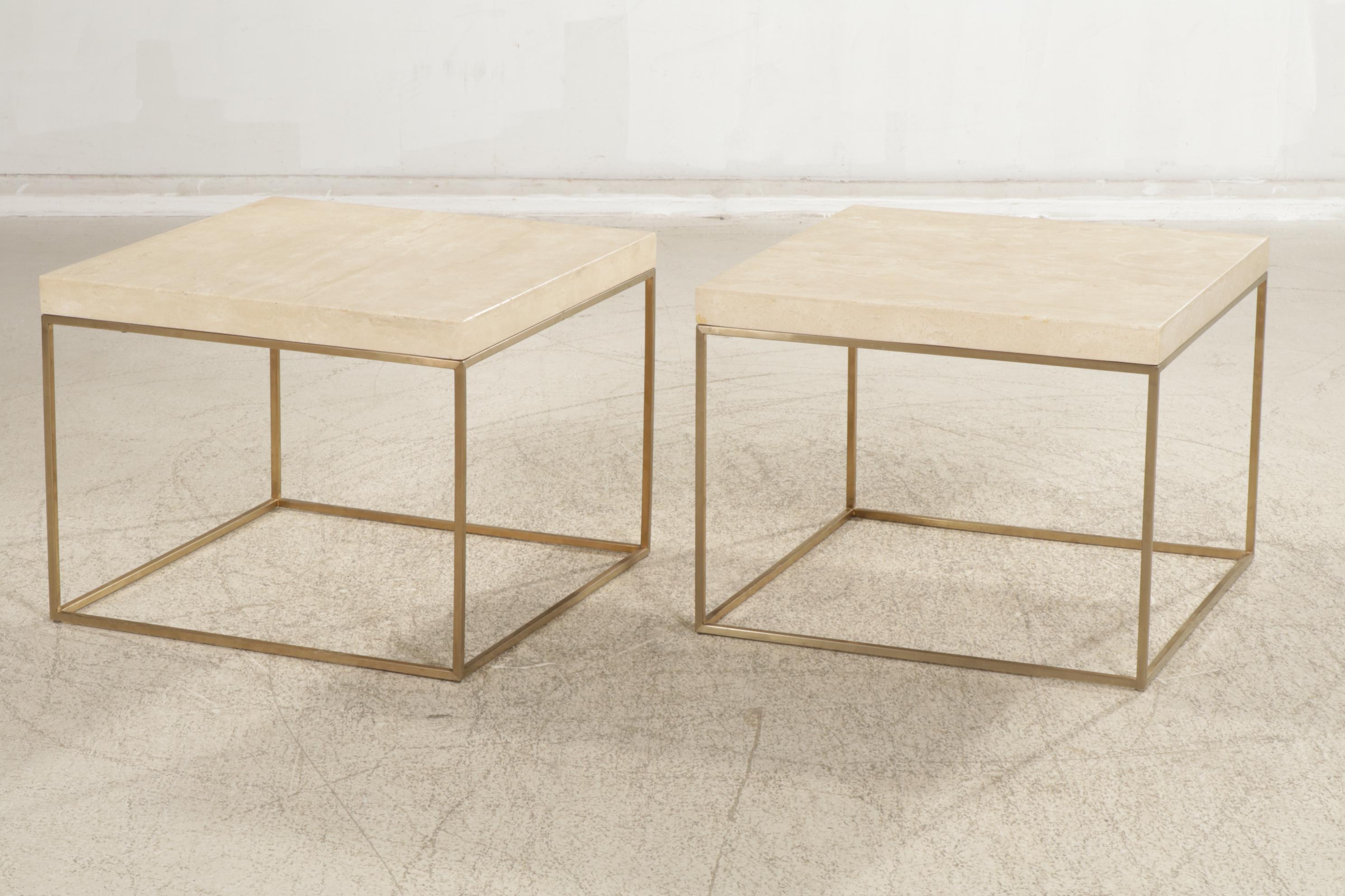 Pair of Contemporary West Elm Travertine-Top Side Tables, 2017