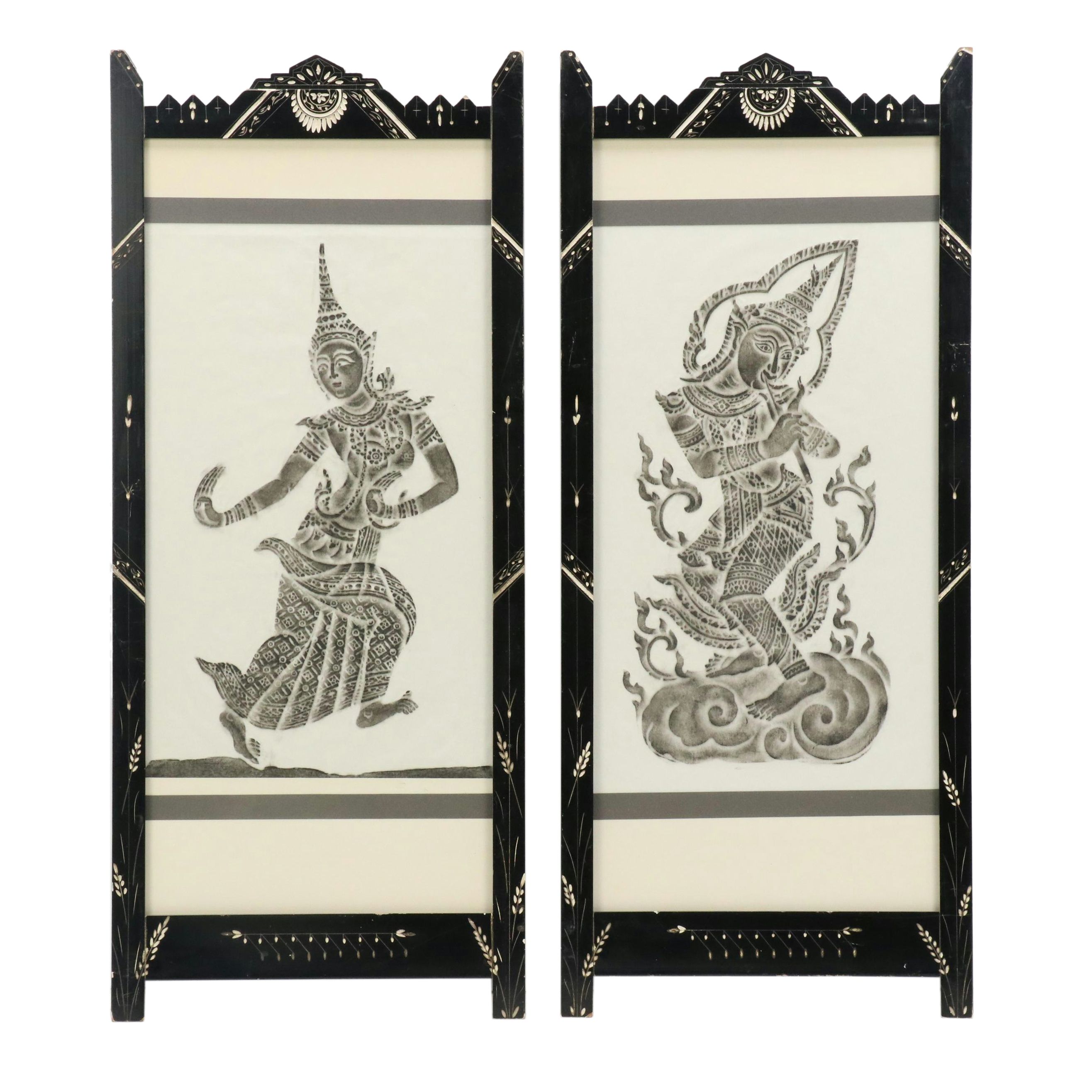 Pair of Thai Temple Rubbings in Carved Frames