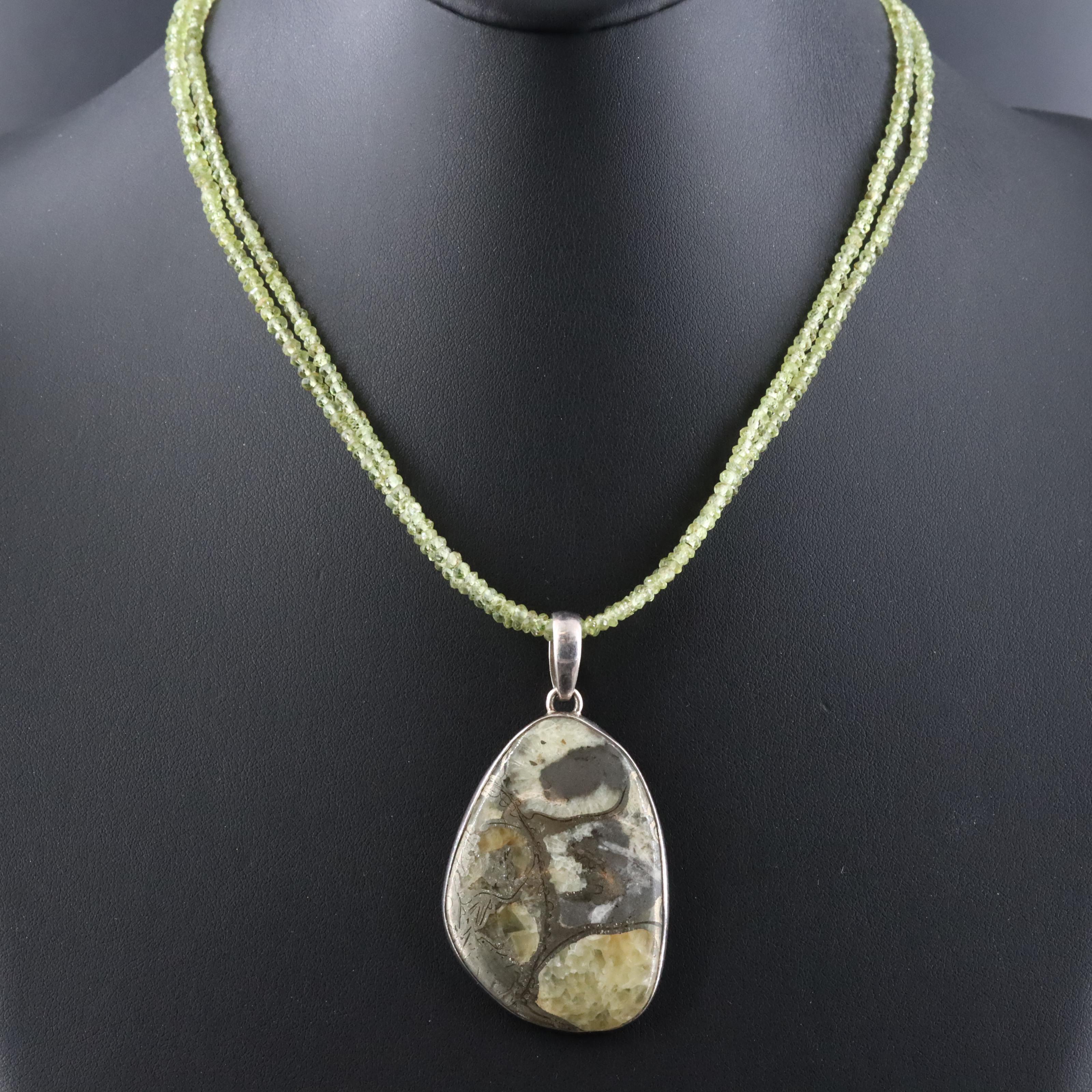 Sterling Septarian and Peridot Pendant Necklace