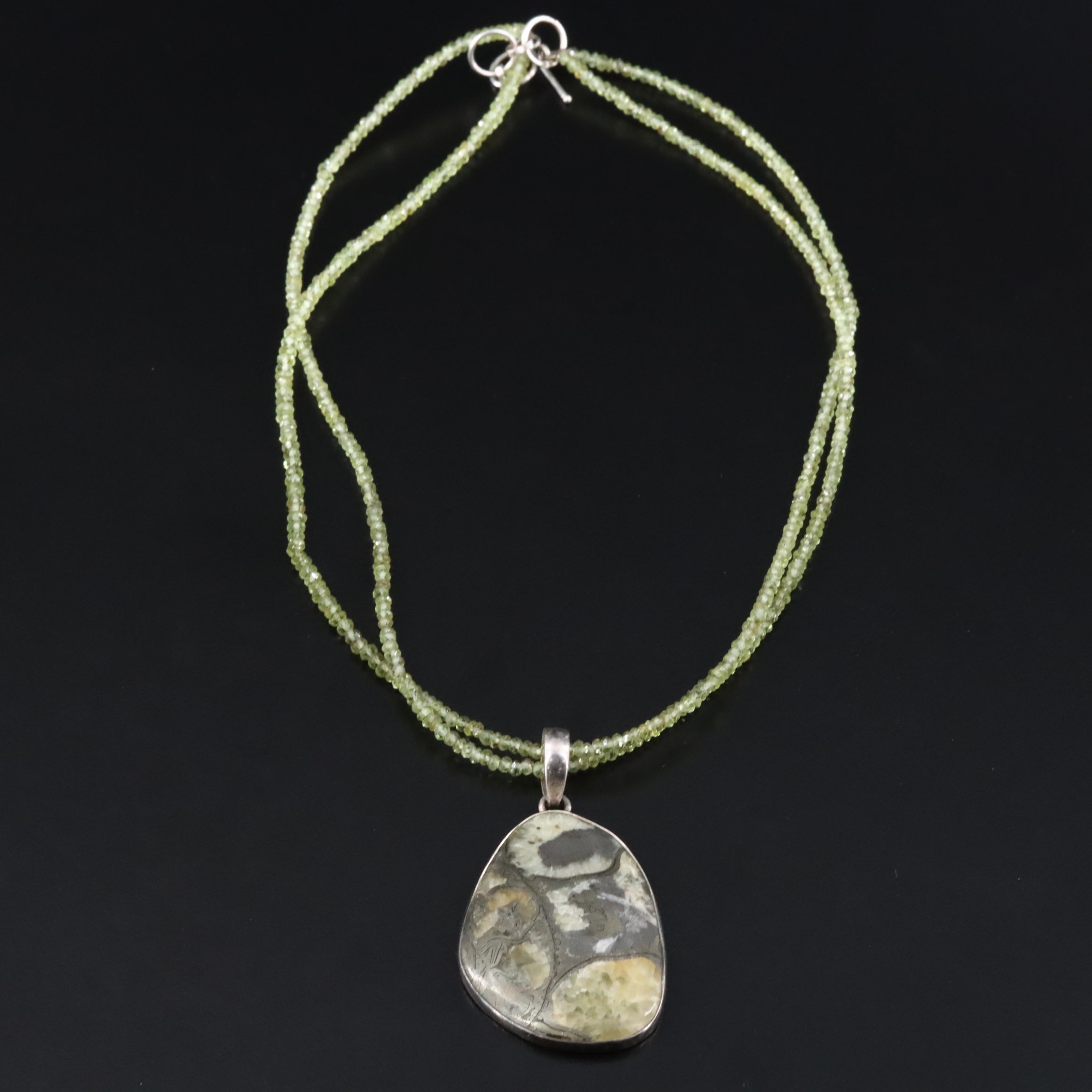 Sterling Septarian and Peridot Pendant Necklace