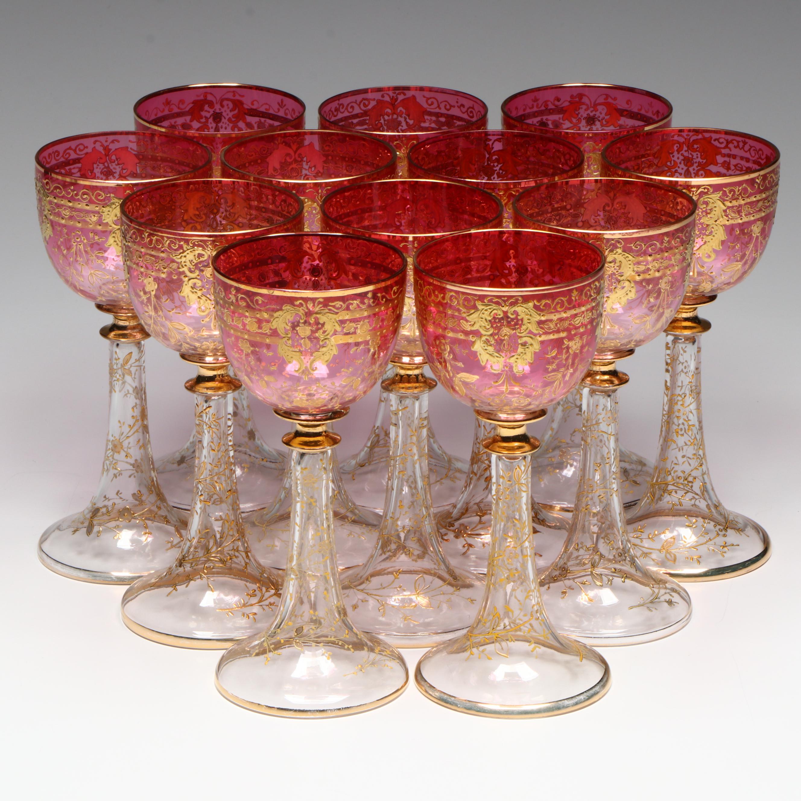Moser Style Cranberry Gilt Enamel Goblets