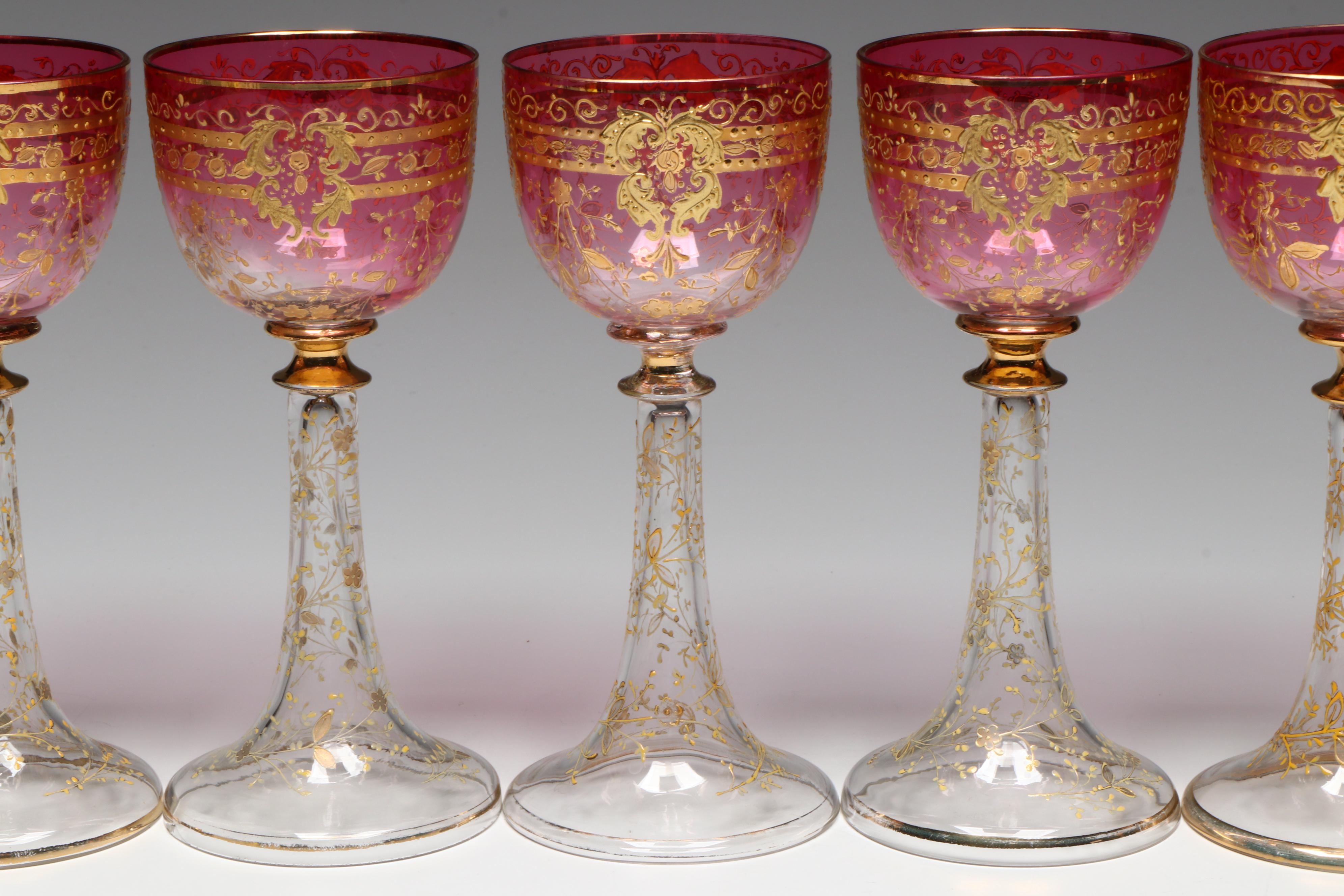 Moser Style Cranberry Gilt Enamel Goblets