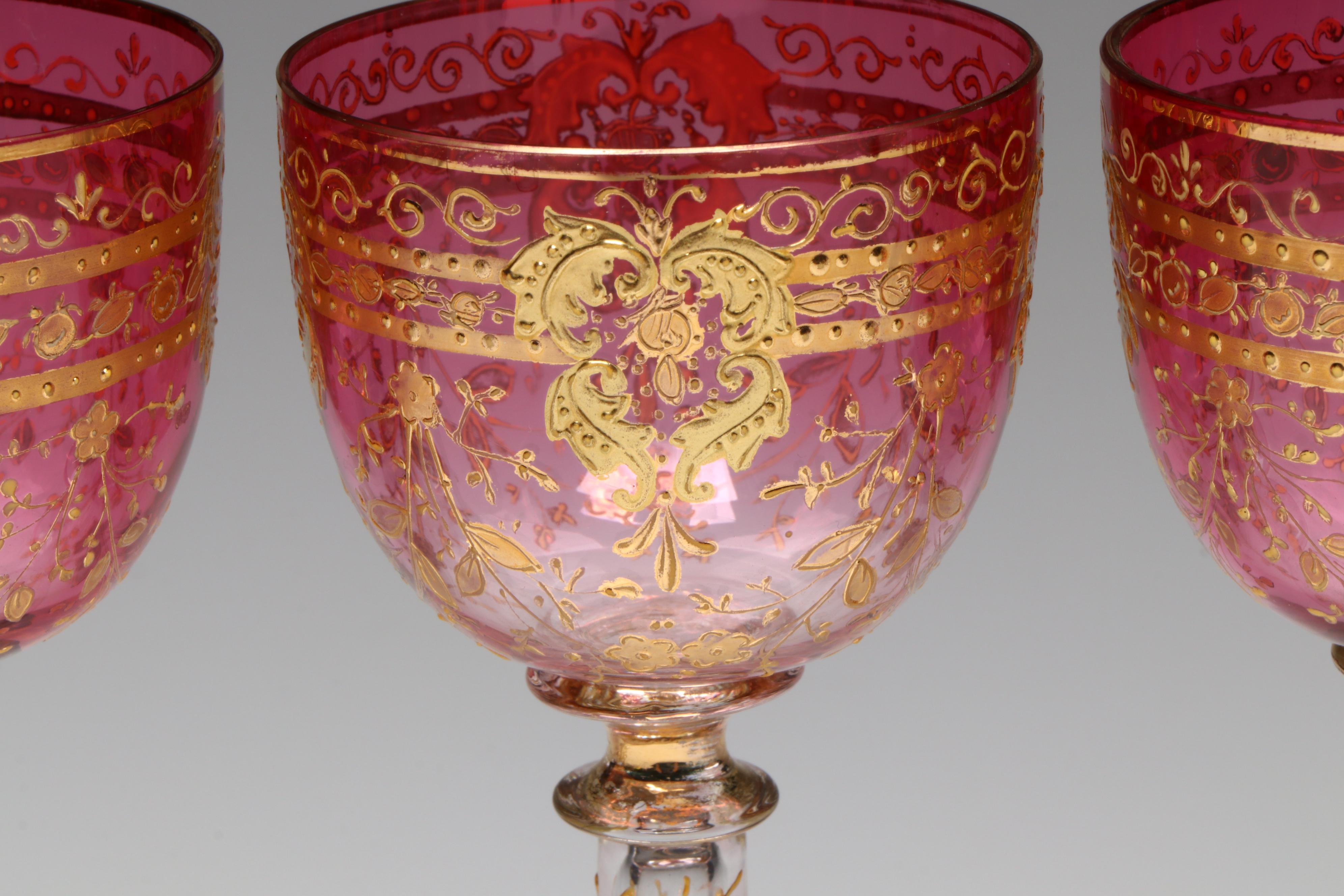 Moser Style Cranberry Gilt Enamel Goblets