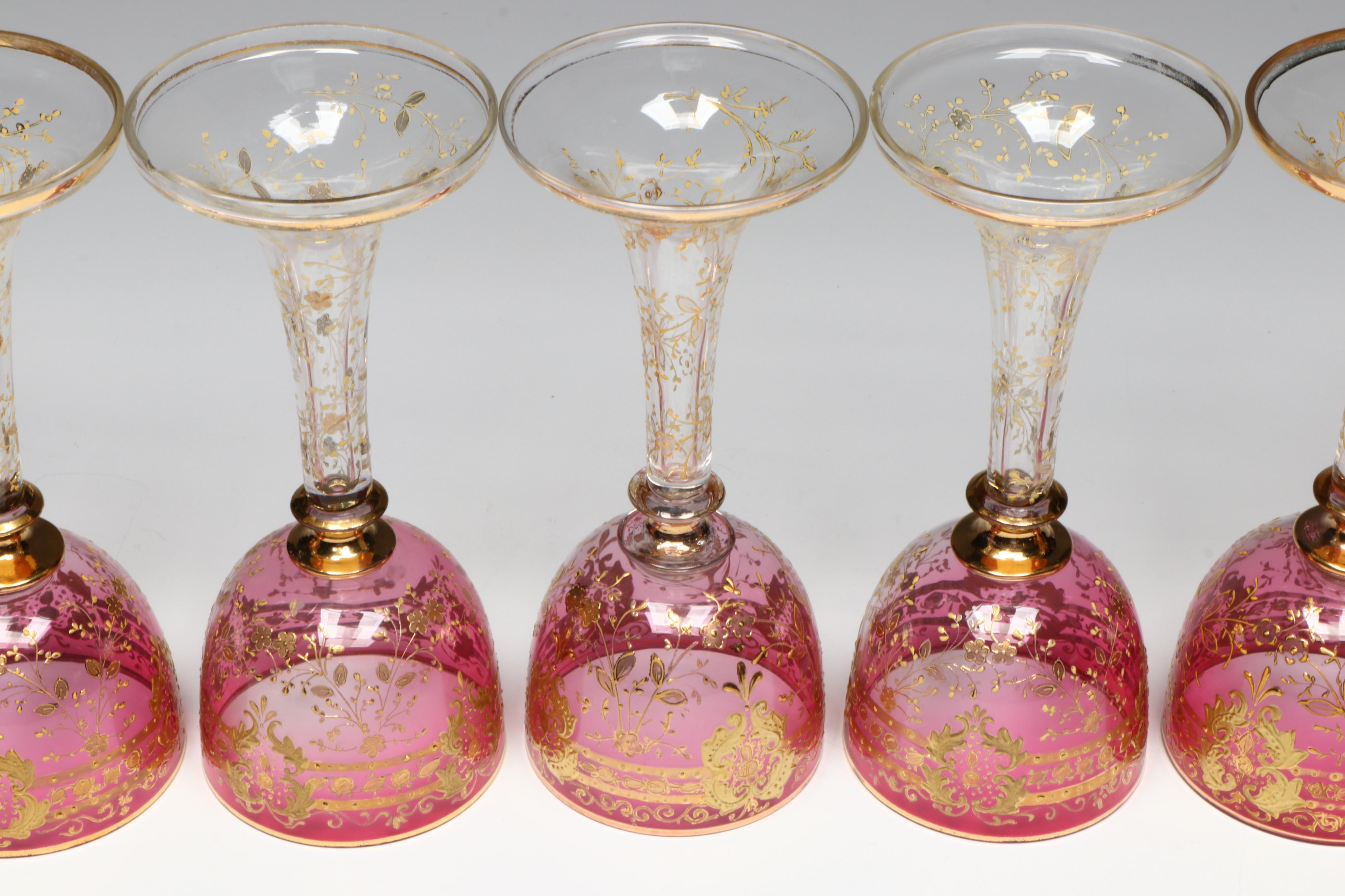Moser Style Cranberry Gilt Enamel Goblets