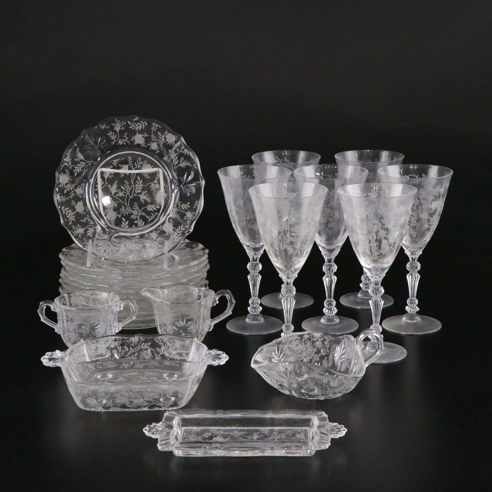 Fostoria "Chintz" Etched Glass Water Goblets and Serveware, Mid-20th C.