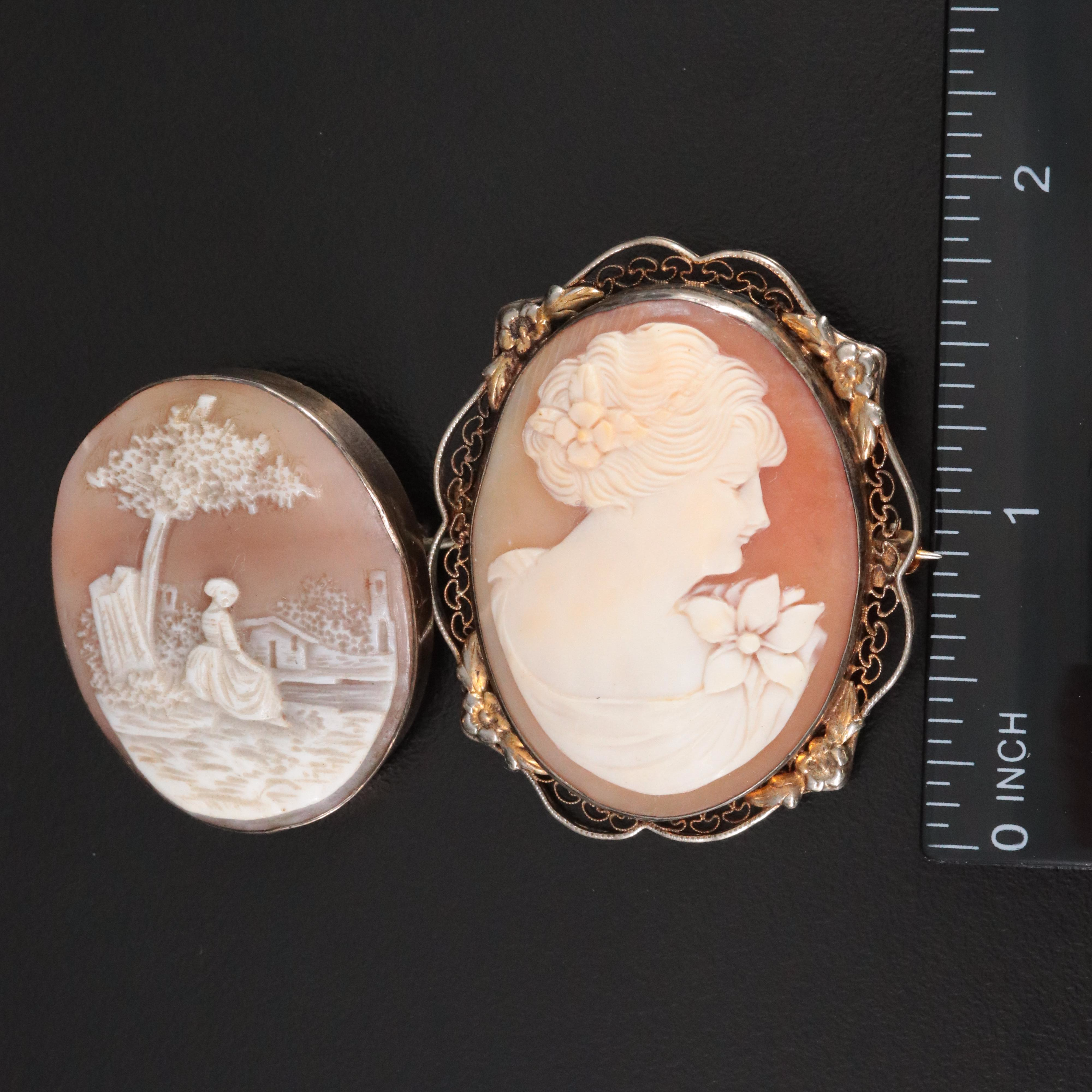 Vintage Shell and Cut Steel Cameo Brooches and Converter Brooches