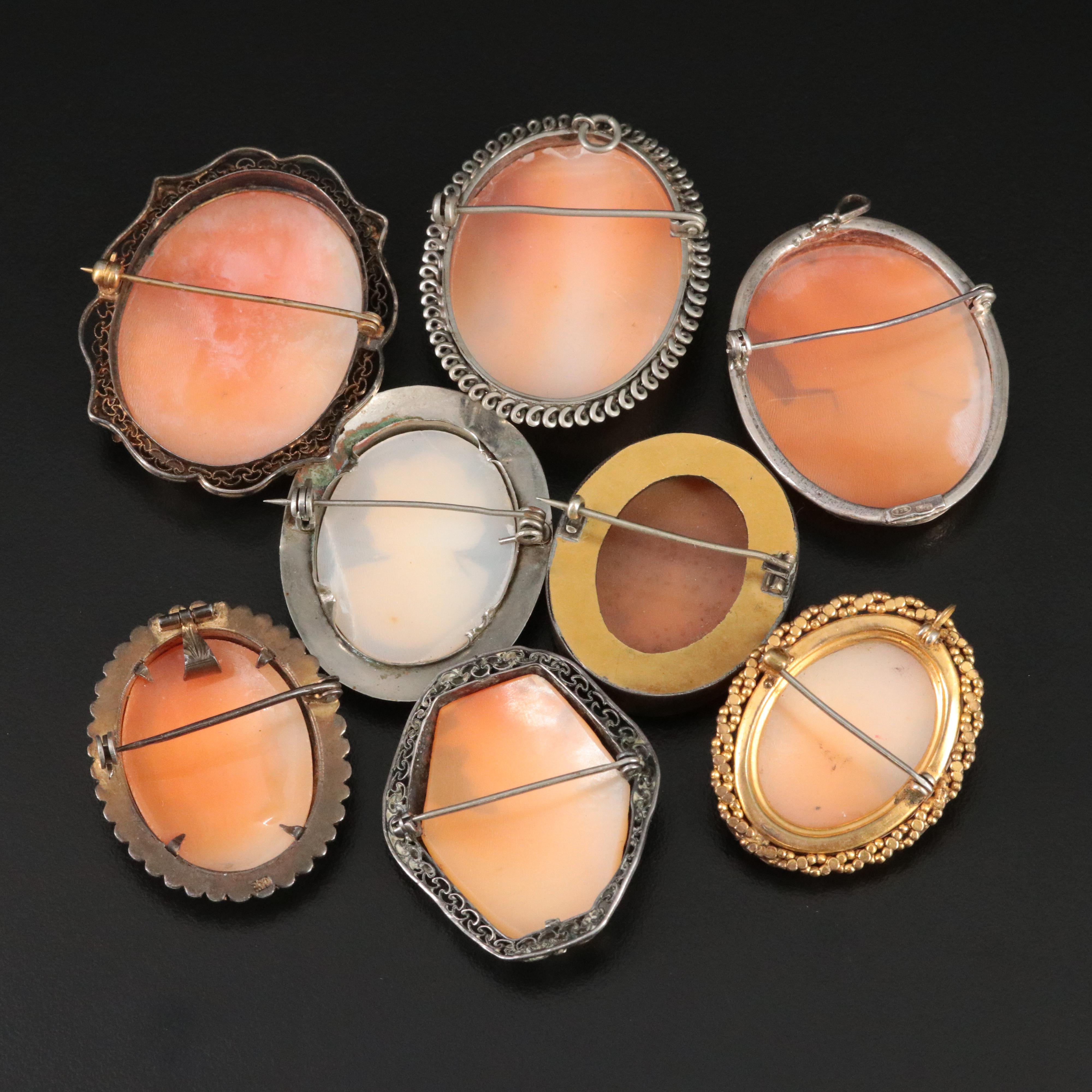 Vintage Shell and Cut Steel Cameo Brooches and Converter Brooches