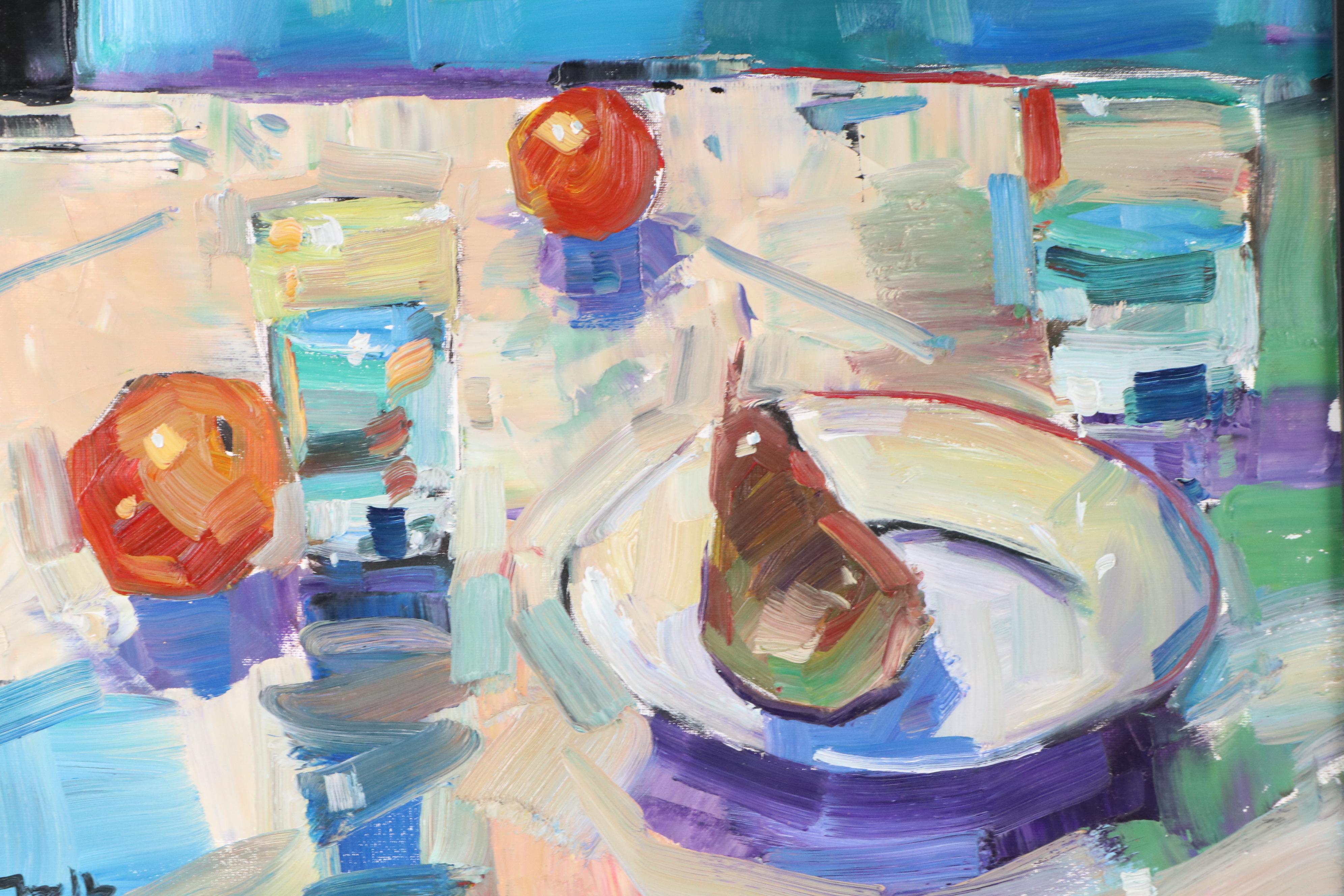 Jose Trujillo Stylized Still Life Oil Painting "Fruit Study," 21st Century