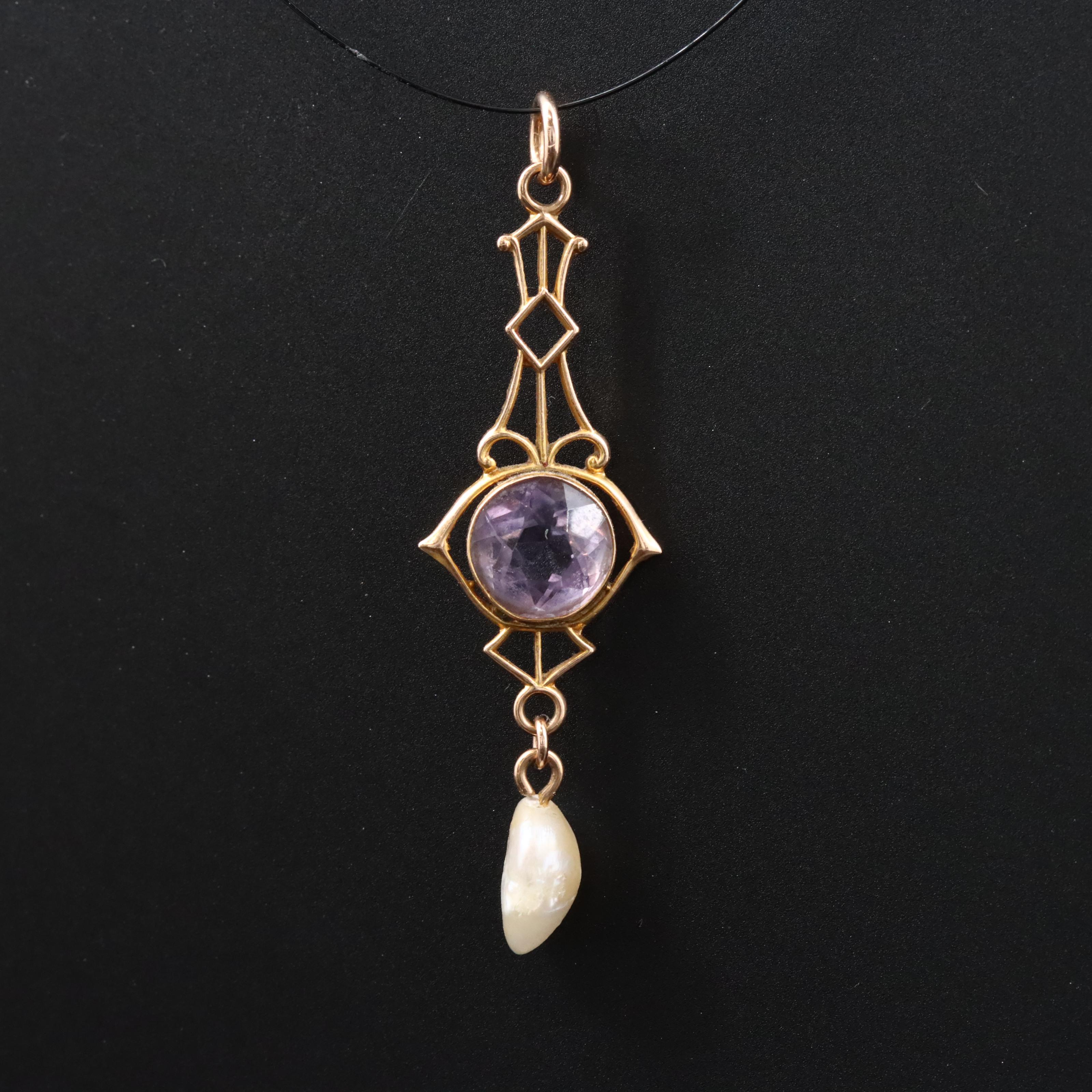 Antique 10K Amethyst and Dogtooth Pearl Lavalier Pendant