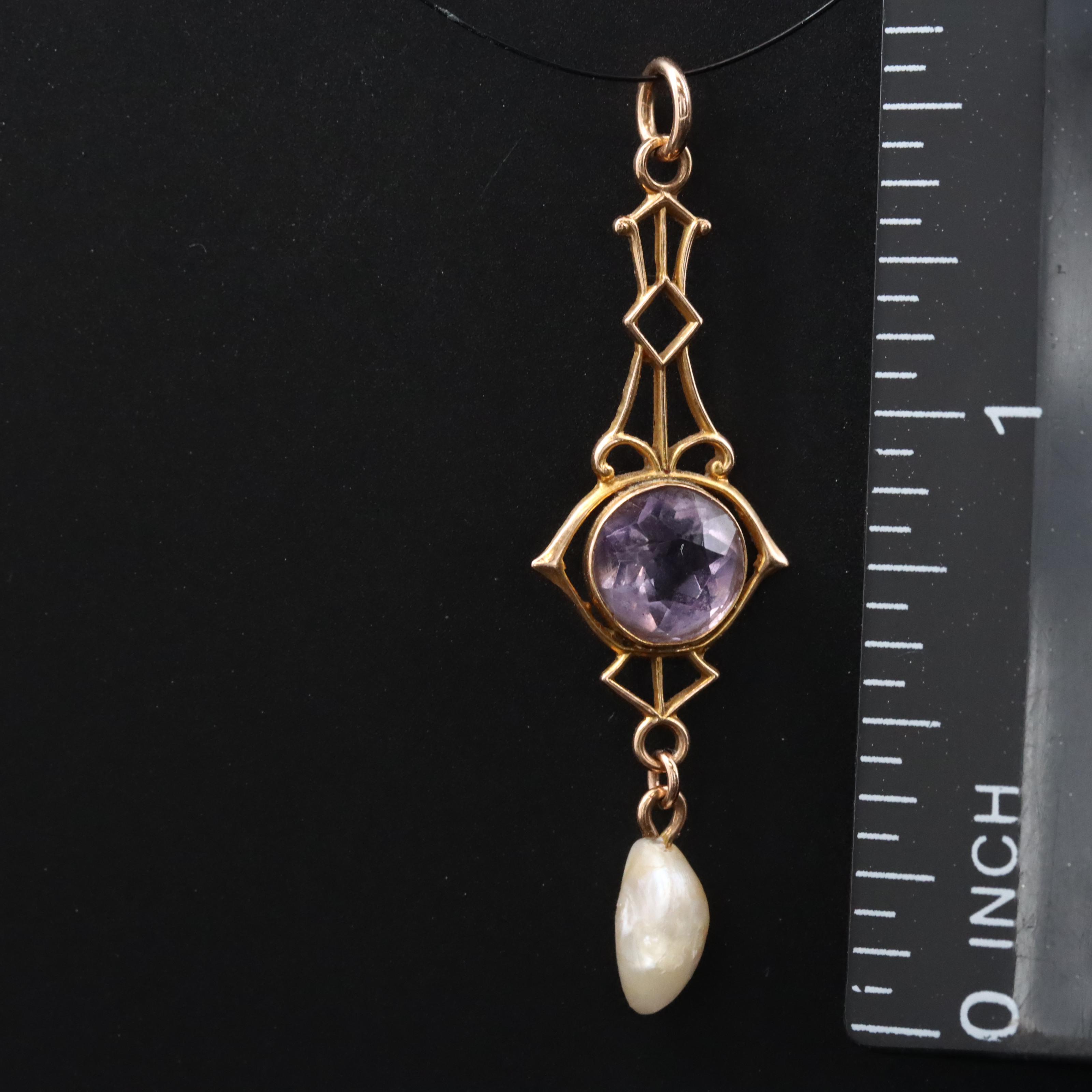 Antique 10K Amethyst and Dogtooth Pearl Lavalier Pendant