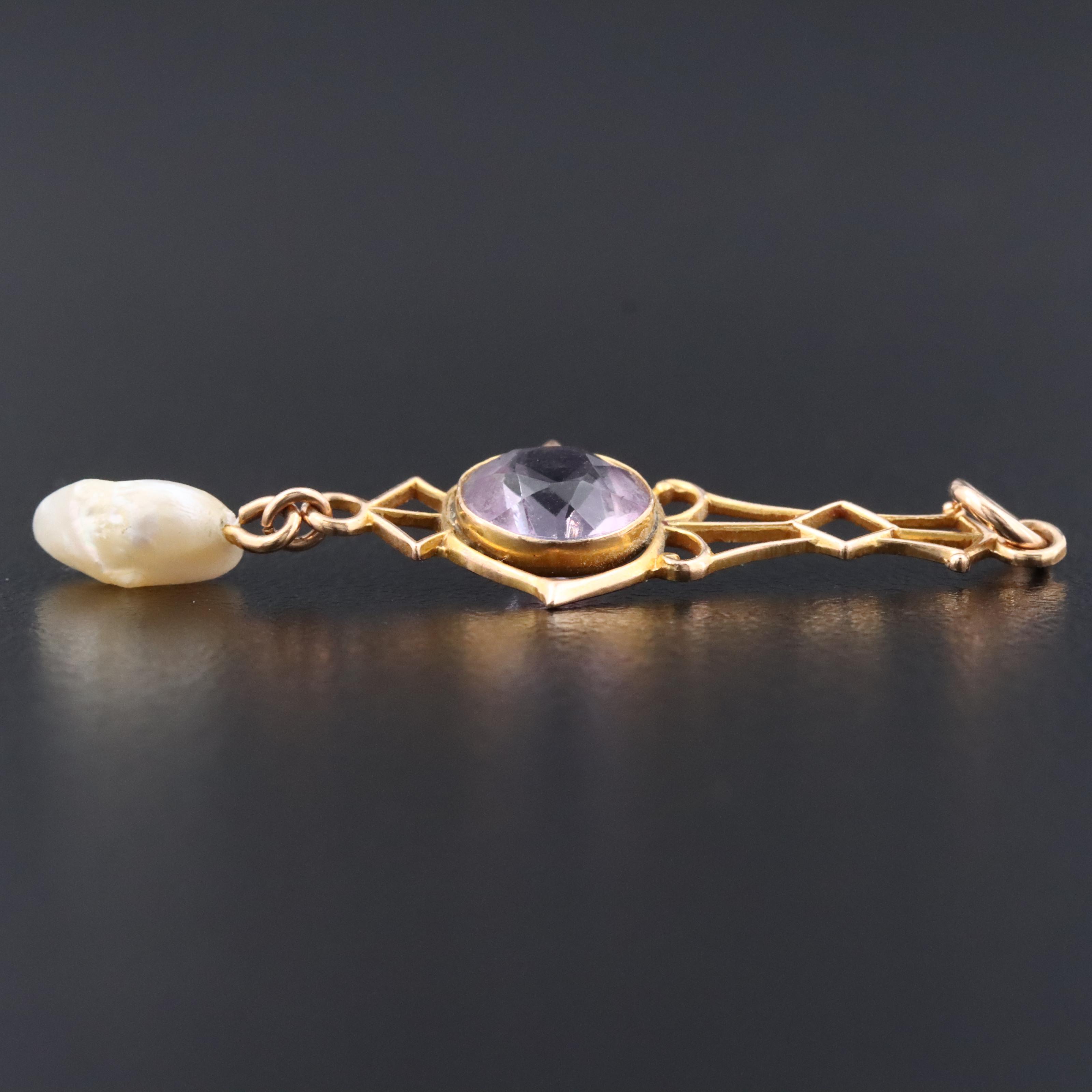 Antique 10K Amethyst and Dogtooth Pearl Lavalier Pendant
