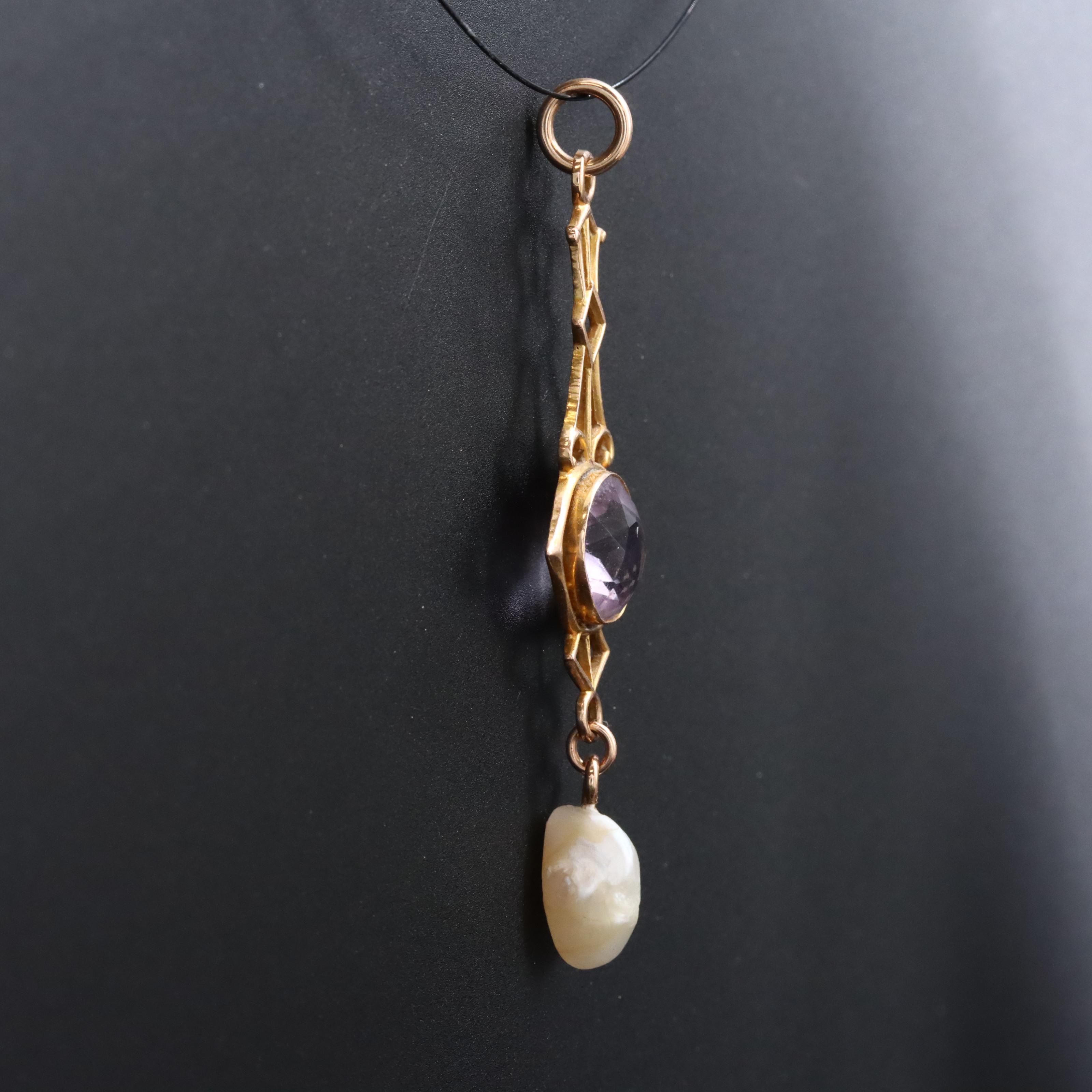 Antique 10K Amethyst and Dogtooth Pearl Lavalier Pendant