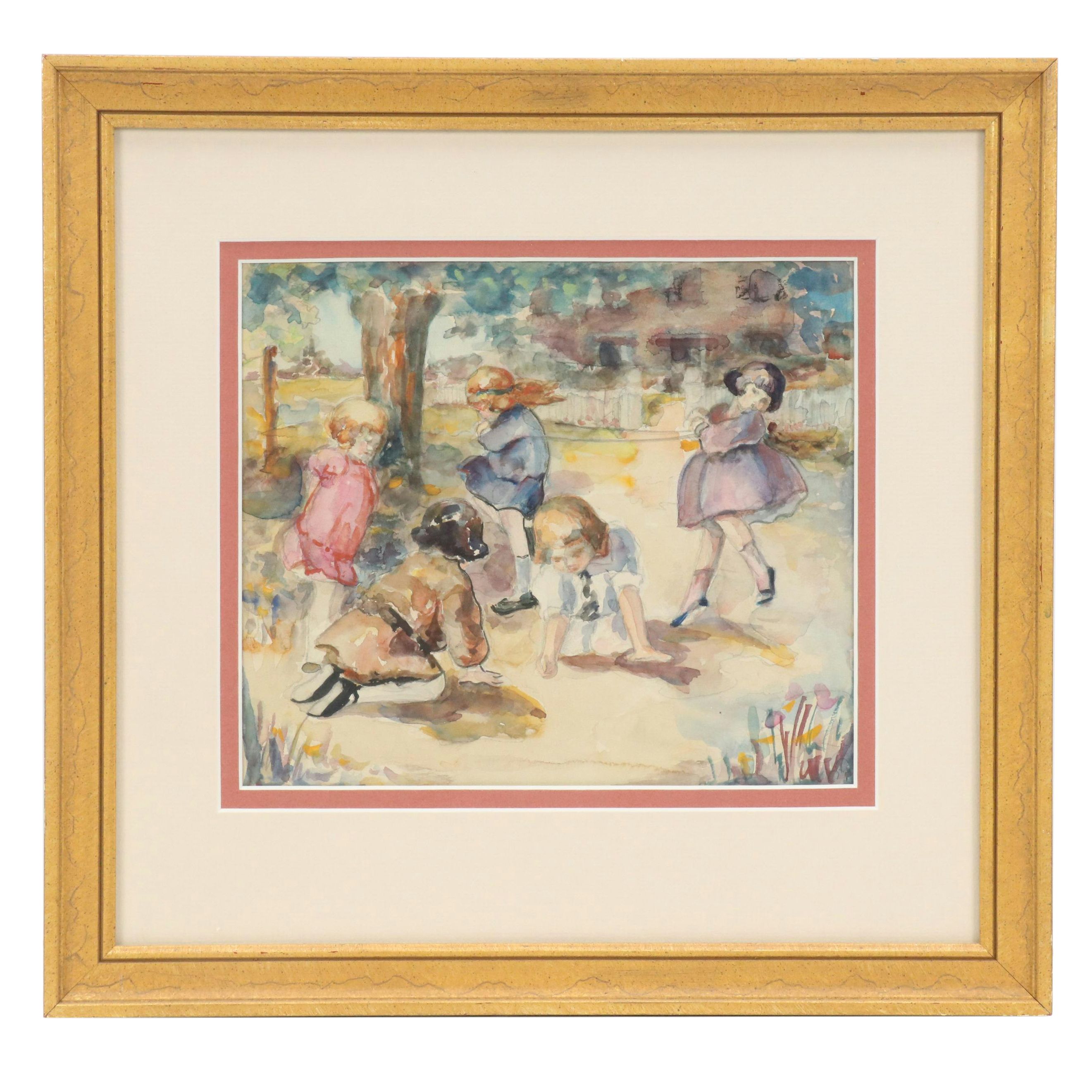 Jennie A. Kernick Watercolor Painting of Children Playing "Spring," 1997