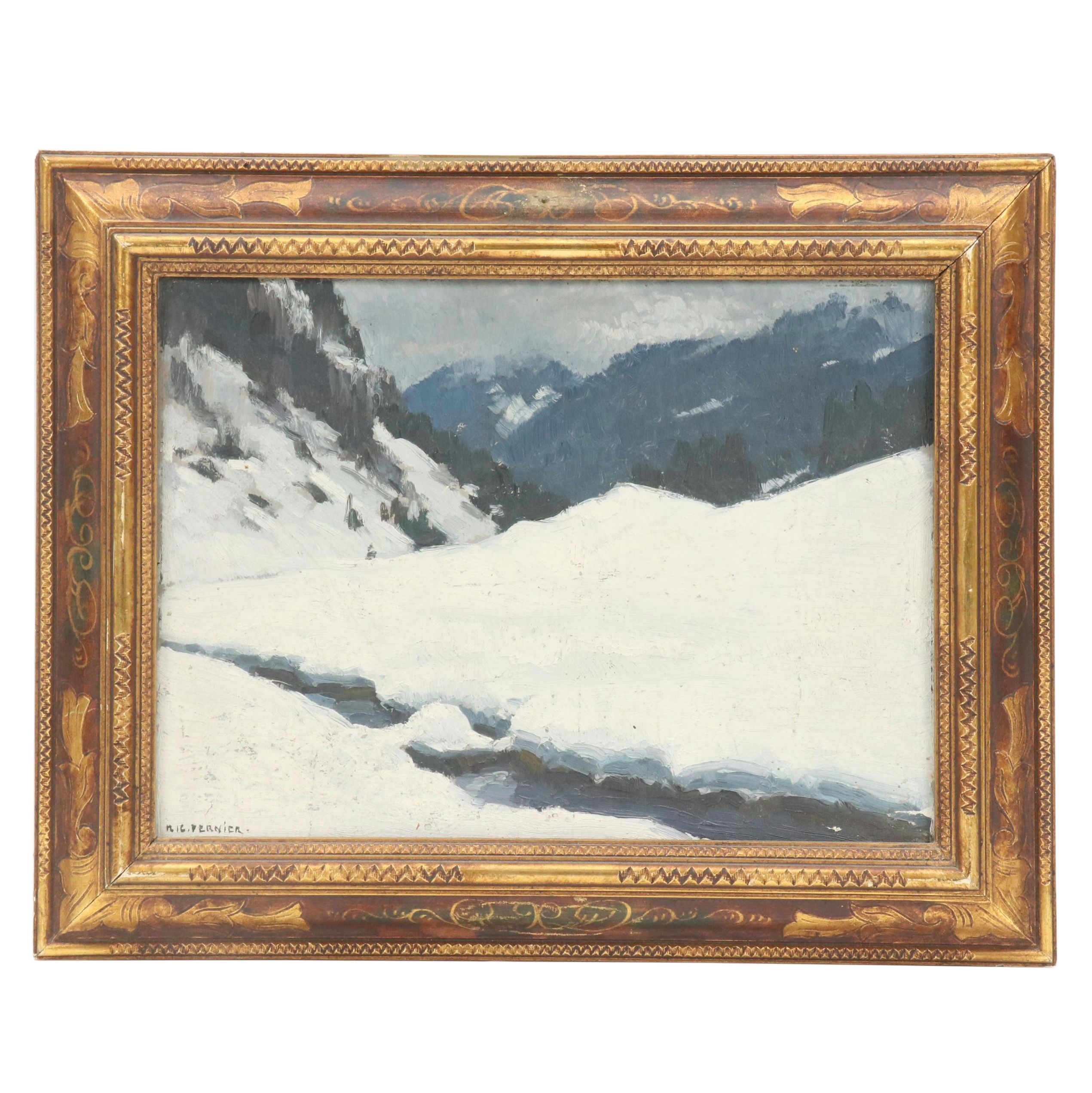 Robert Fernier Mountainous Winter Landscape Oil Painting with Stream, Mid 20th C