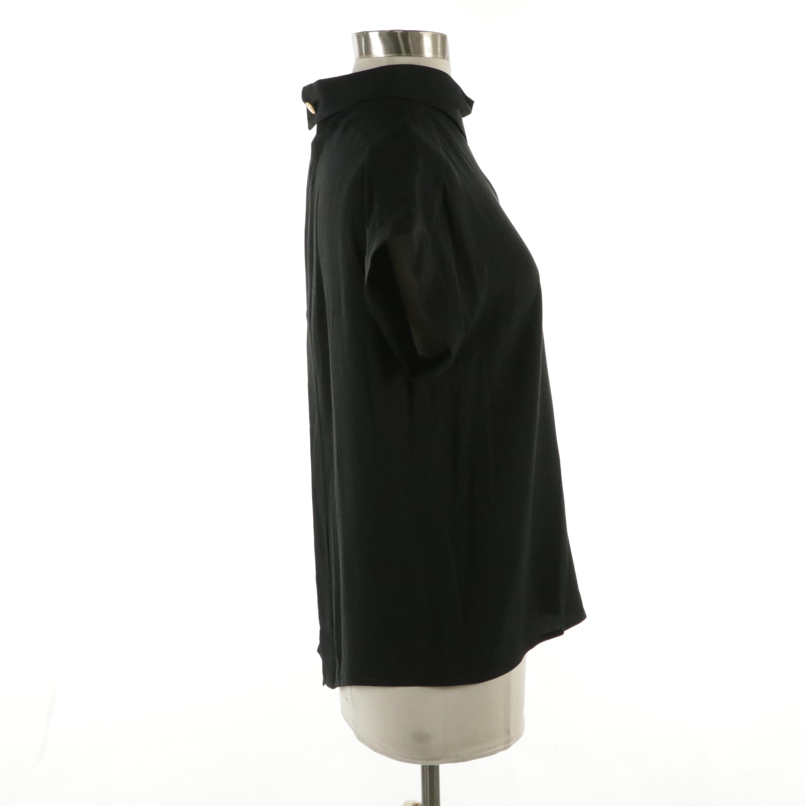 Chanel Boutique Black Silk Short Sleeve Blouse with Back Button Detail