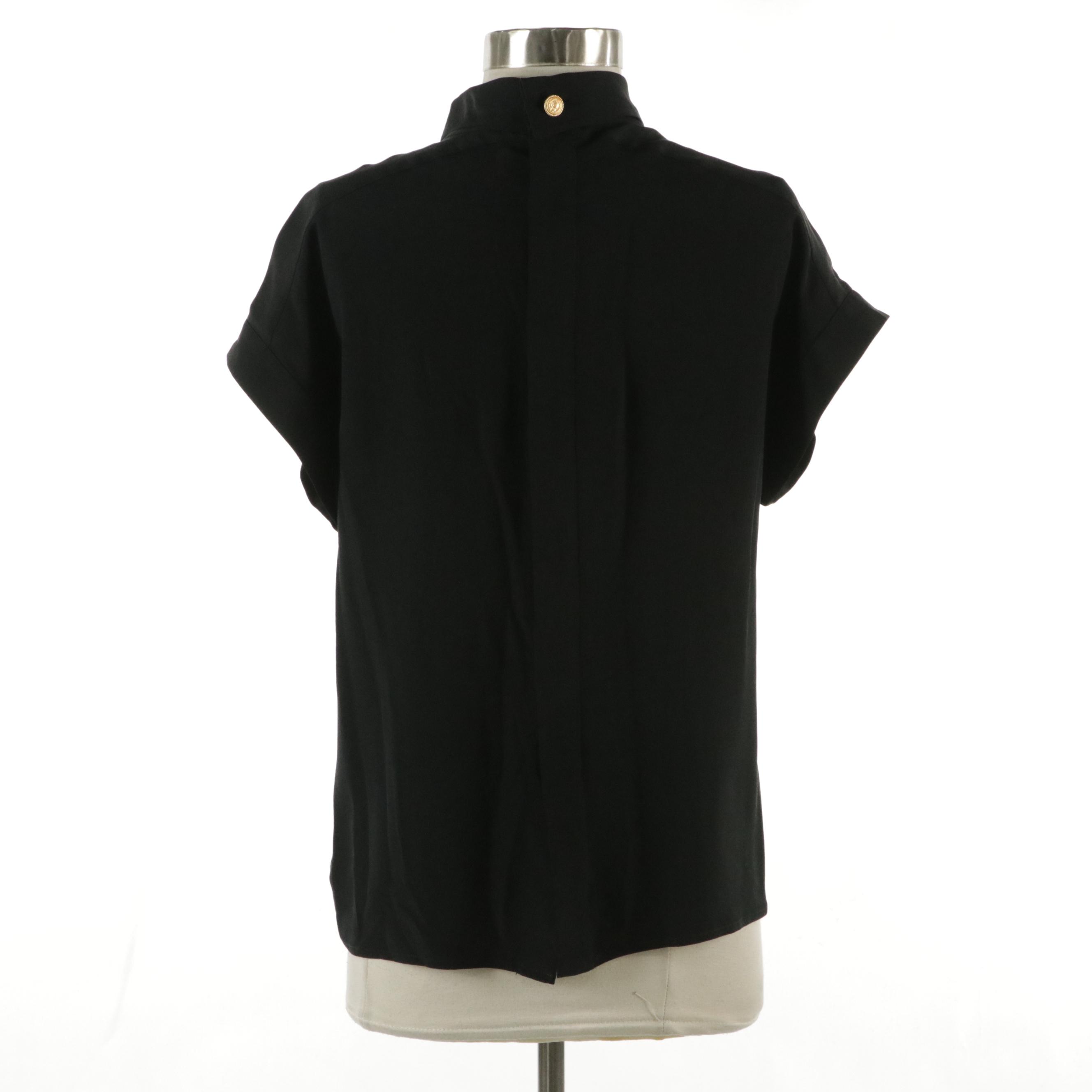 Chanel Boutique Black Silk Short Sleeve Blouse with Back Button Detail