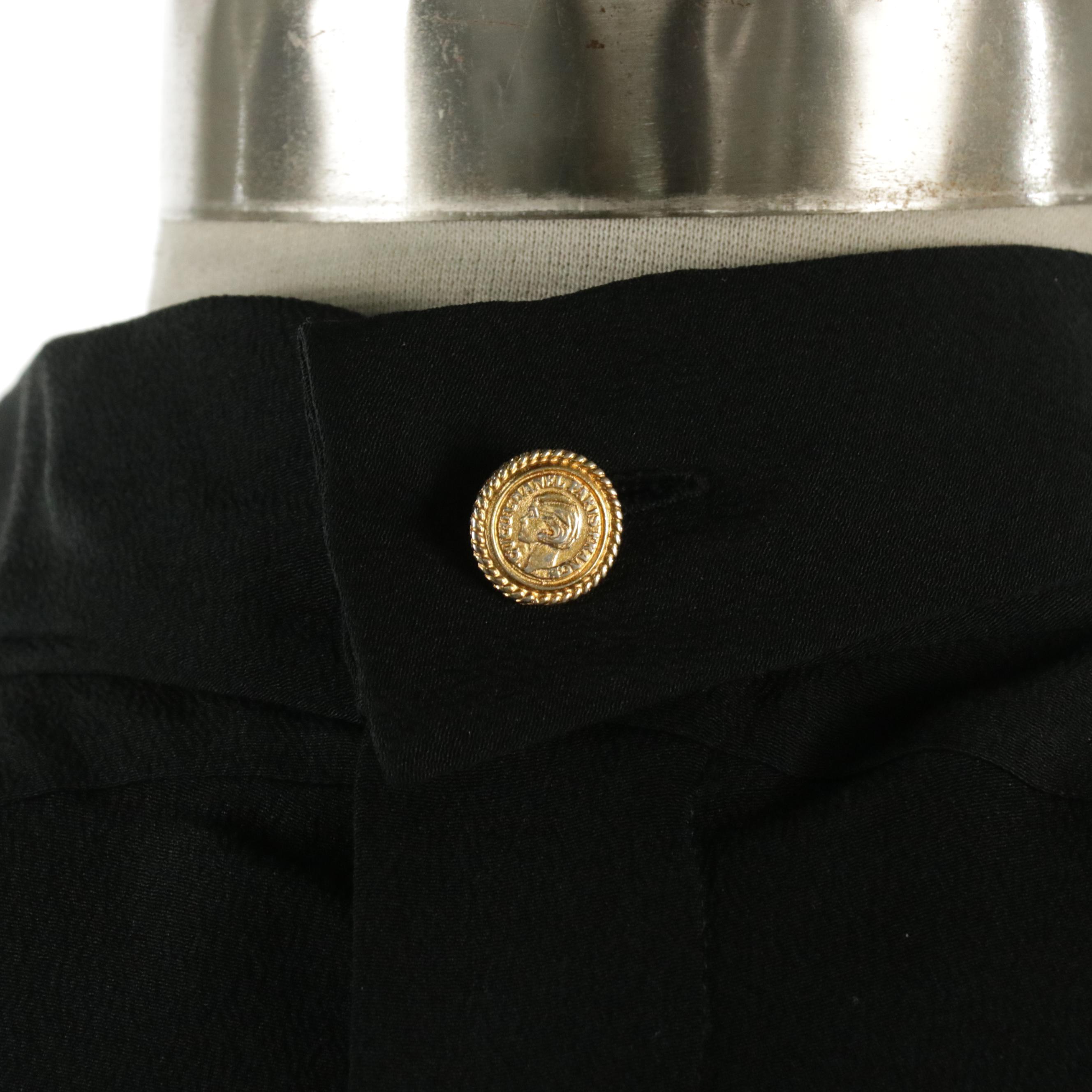 Chanel Boutique Black Silk Short Sleeve Blouse with Back Button Detail