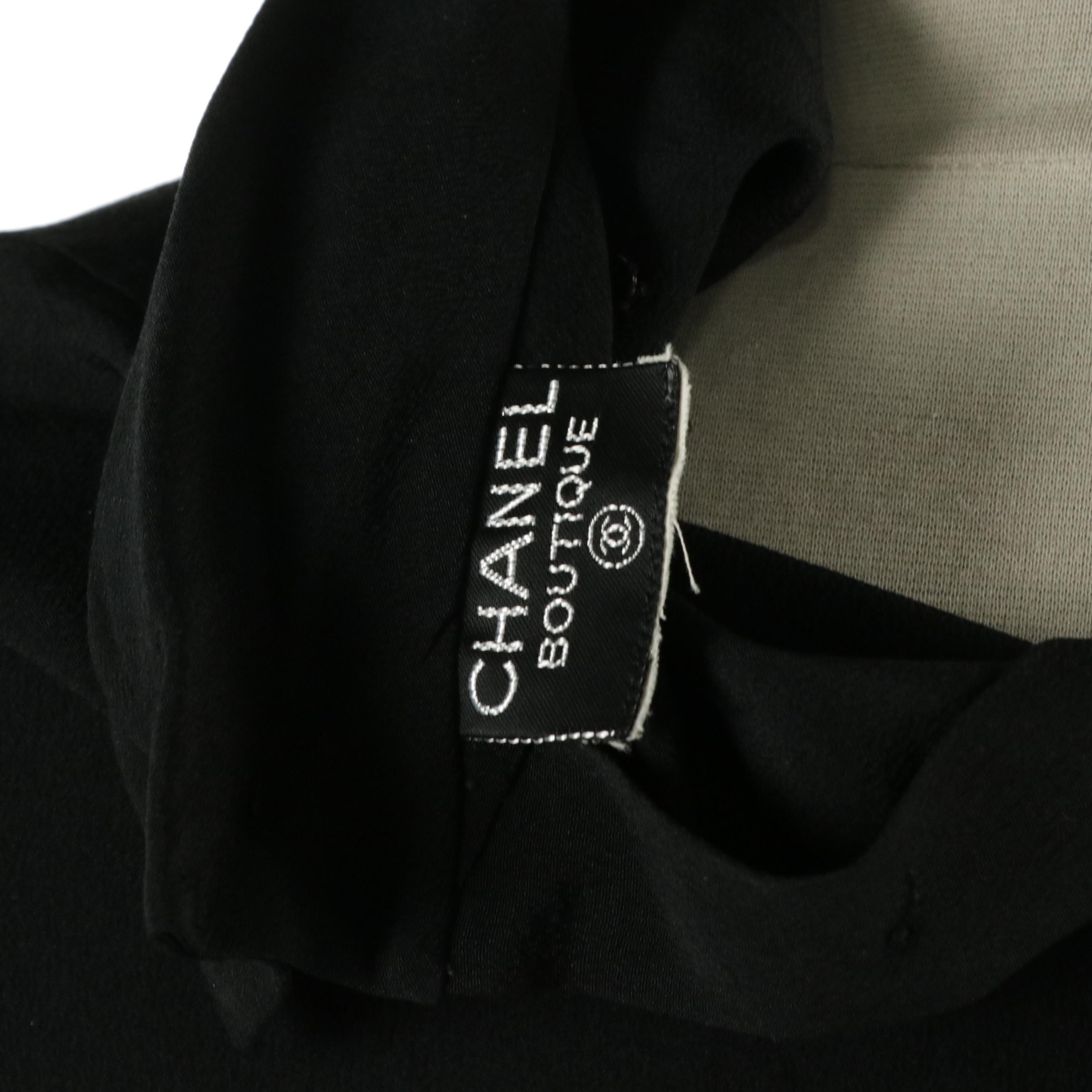 Chanel Boutique Black Silk Short Sleeve Blouse with Back Button Detail