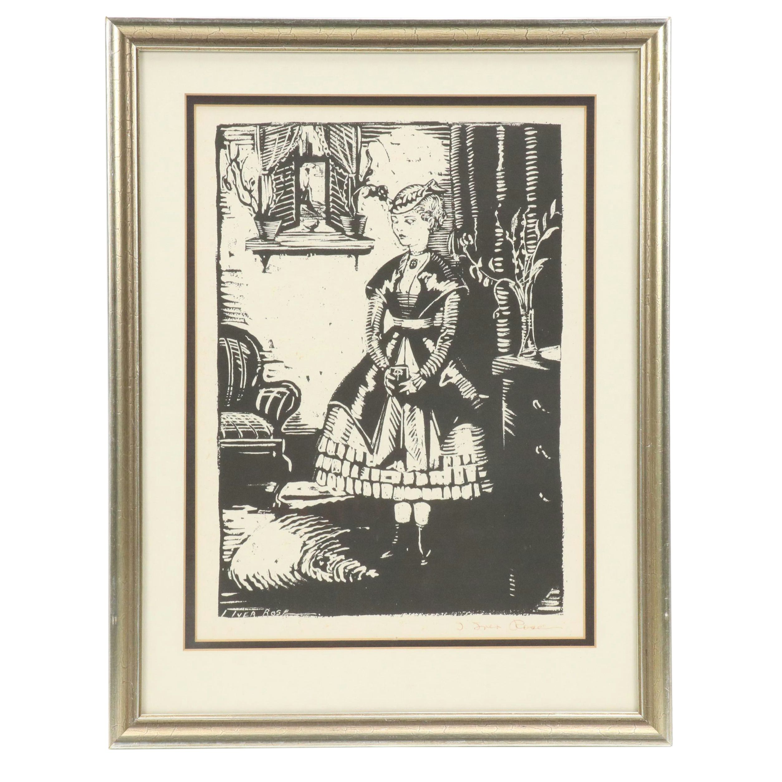 Iver Rose Woodcut of Young Girl