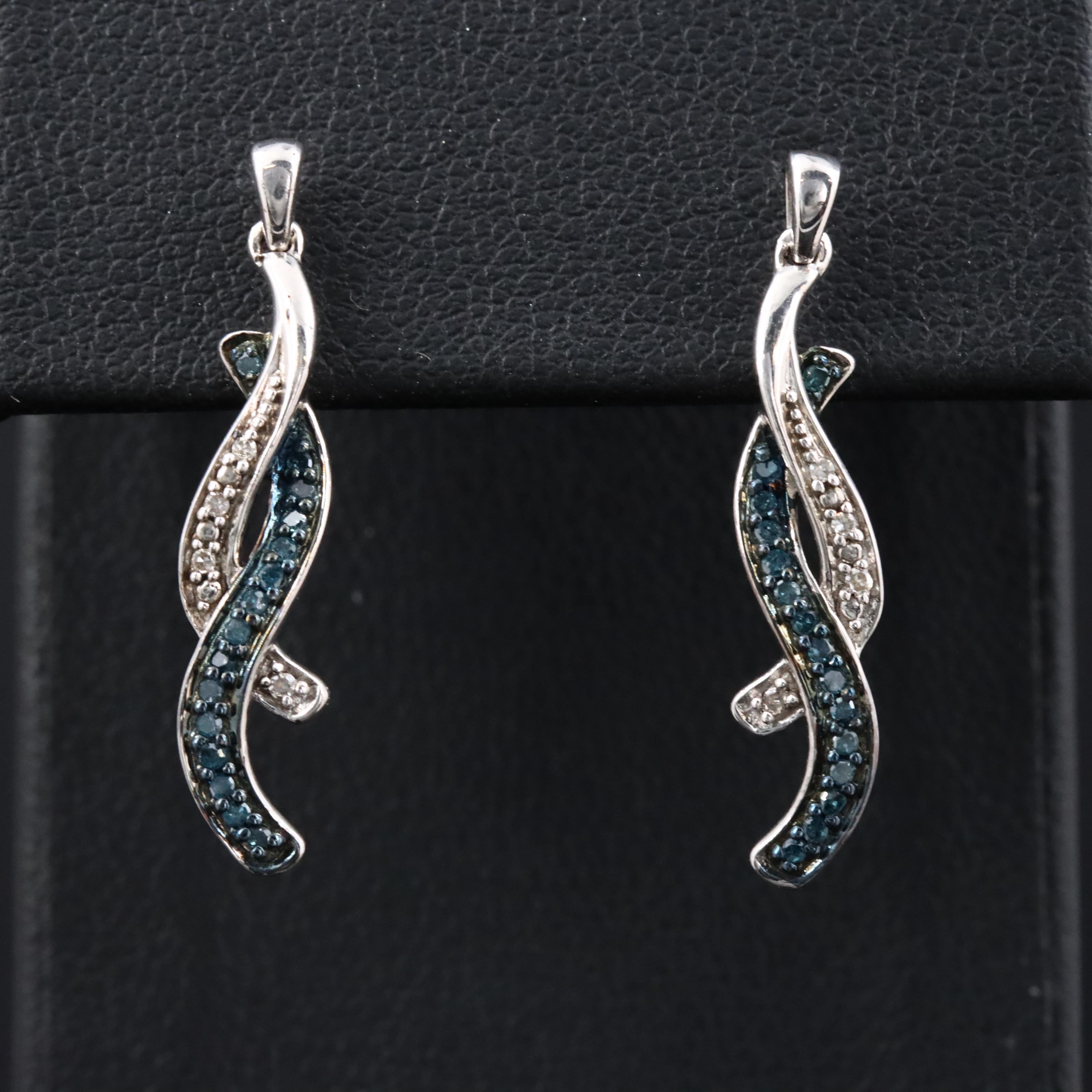 Sterling Diamond Ribbon Earrings Featuring Fancy Blue
