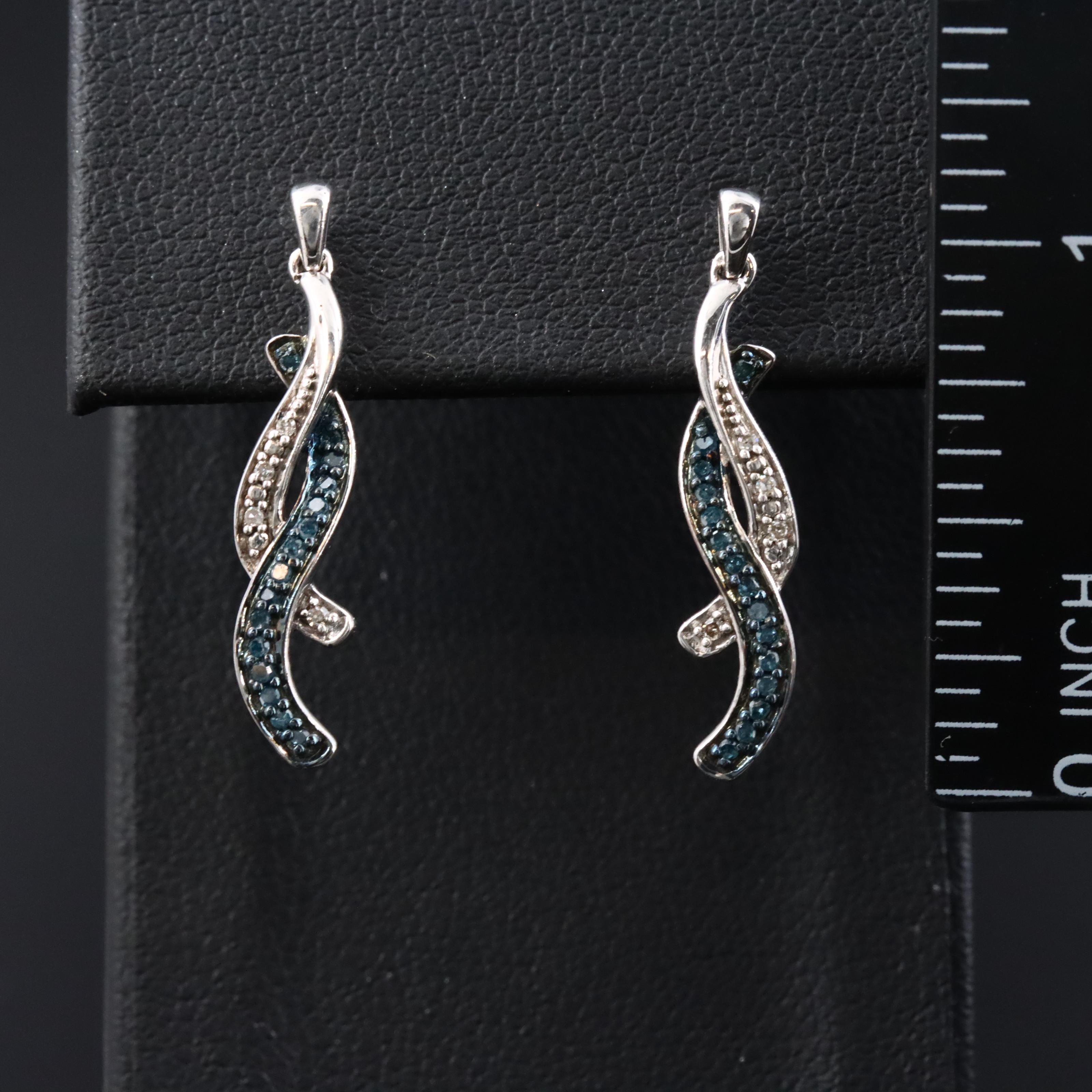 Sterling Diamond Ribbon Earrings Featuring Fancy Blue