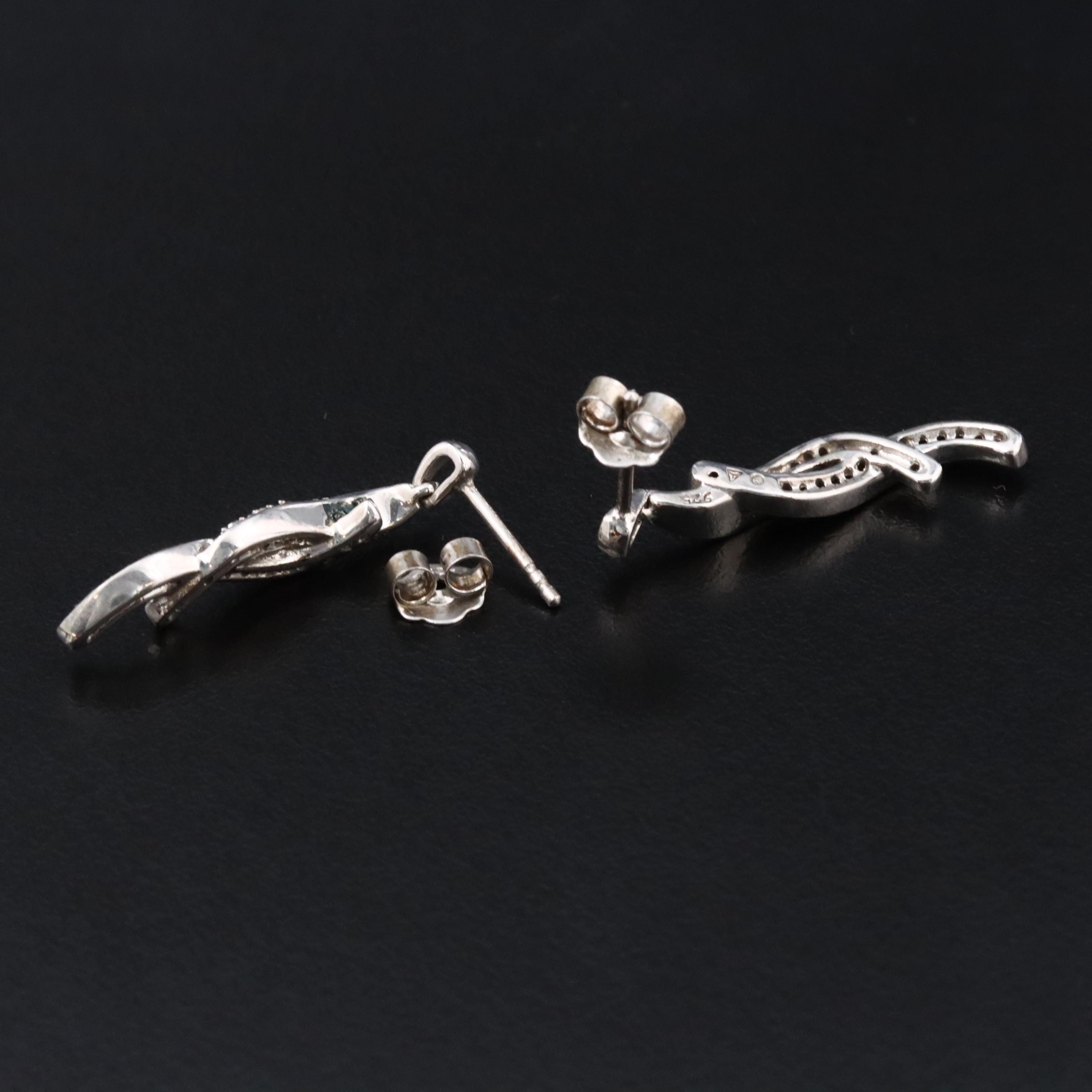 Sterling Diamond Ribbon Earrings Featuring Fancy Blue