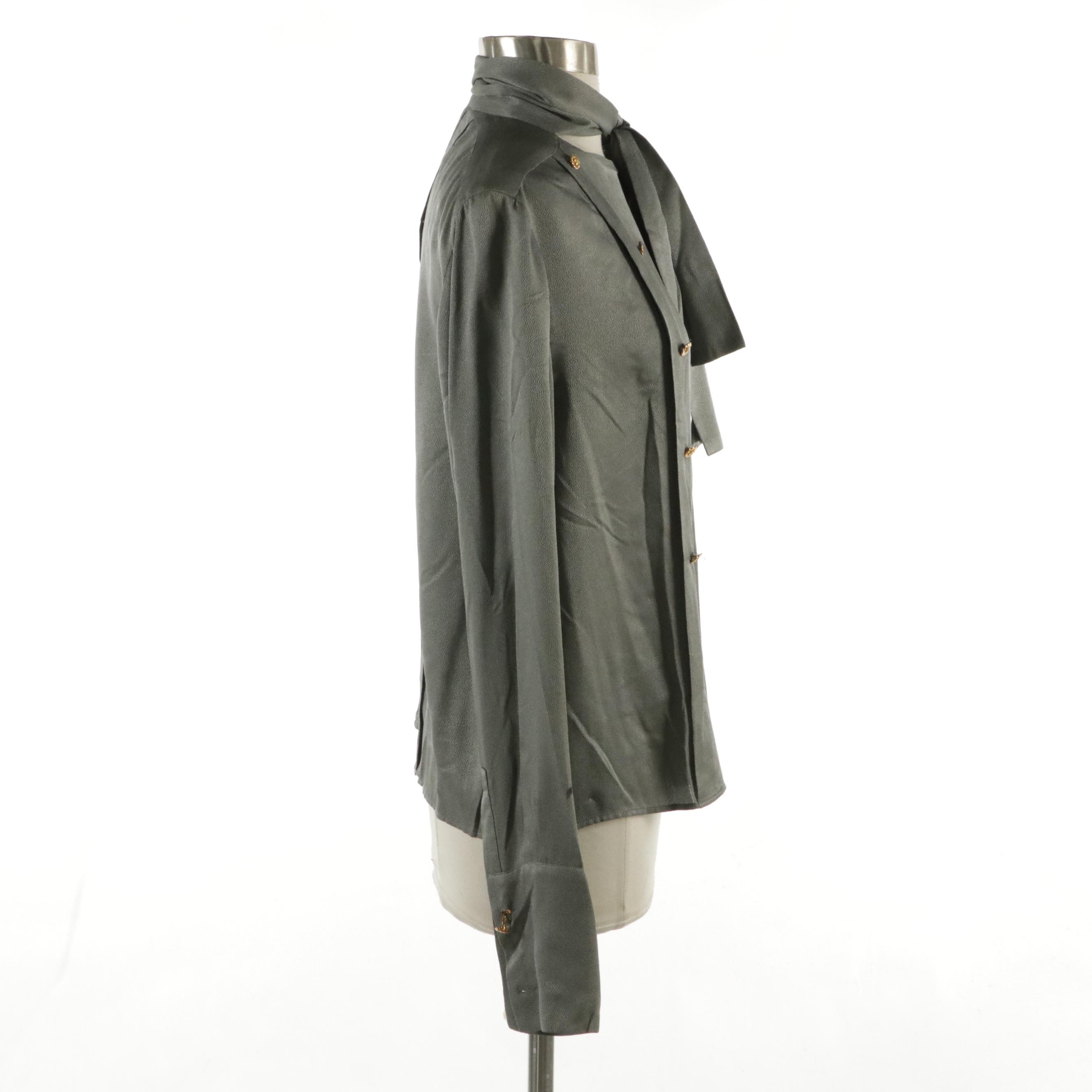 Chanel Boutique Grey Silk Textured Tie-Neck Blouse with CC Metal Buttons