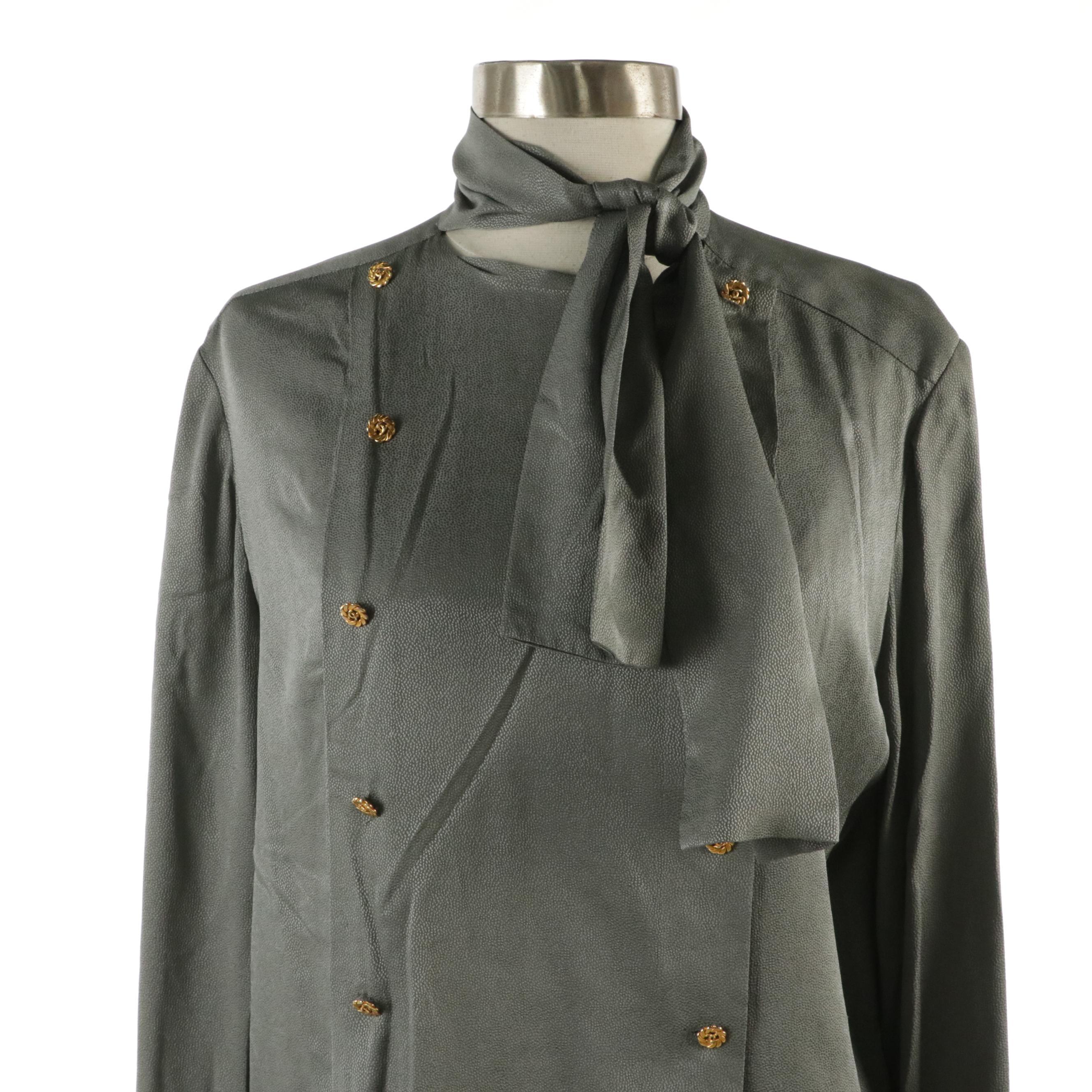 Chanel Boutique Grey Silk Textured Tie-Neck Blouse with CC Metal Buttons