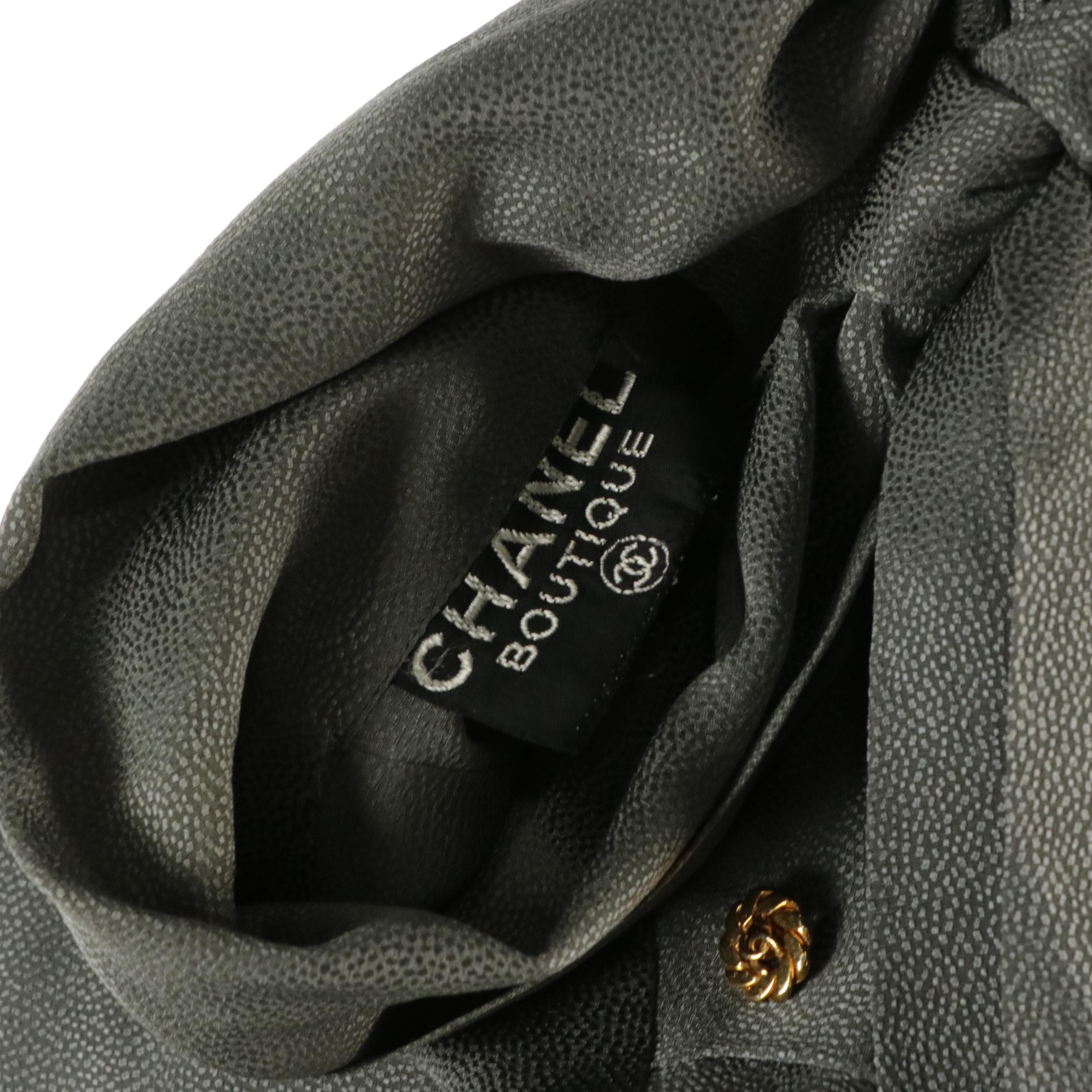 Chanel Boutique Grey Silk Textured Tie-Neck Blouse with CC Metal Buttons