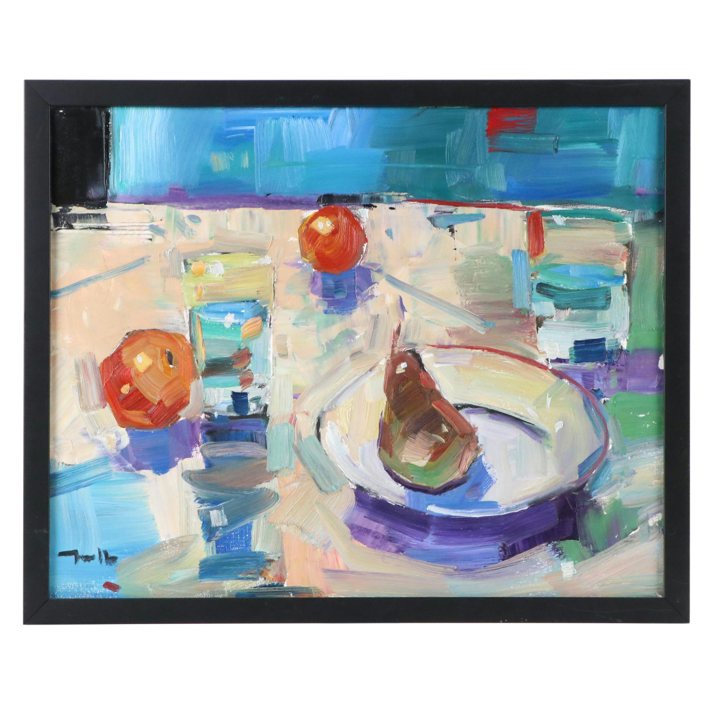 Jose Trujillo Stylized Still Life Oil Painting "Fruit Study," 21st Century