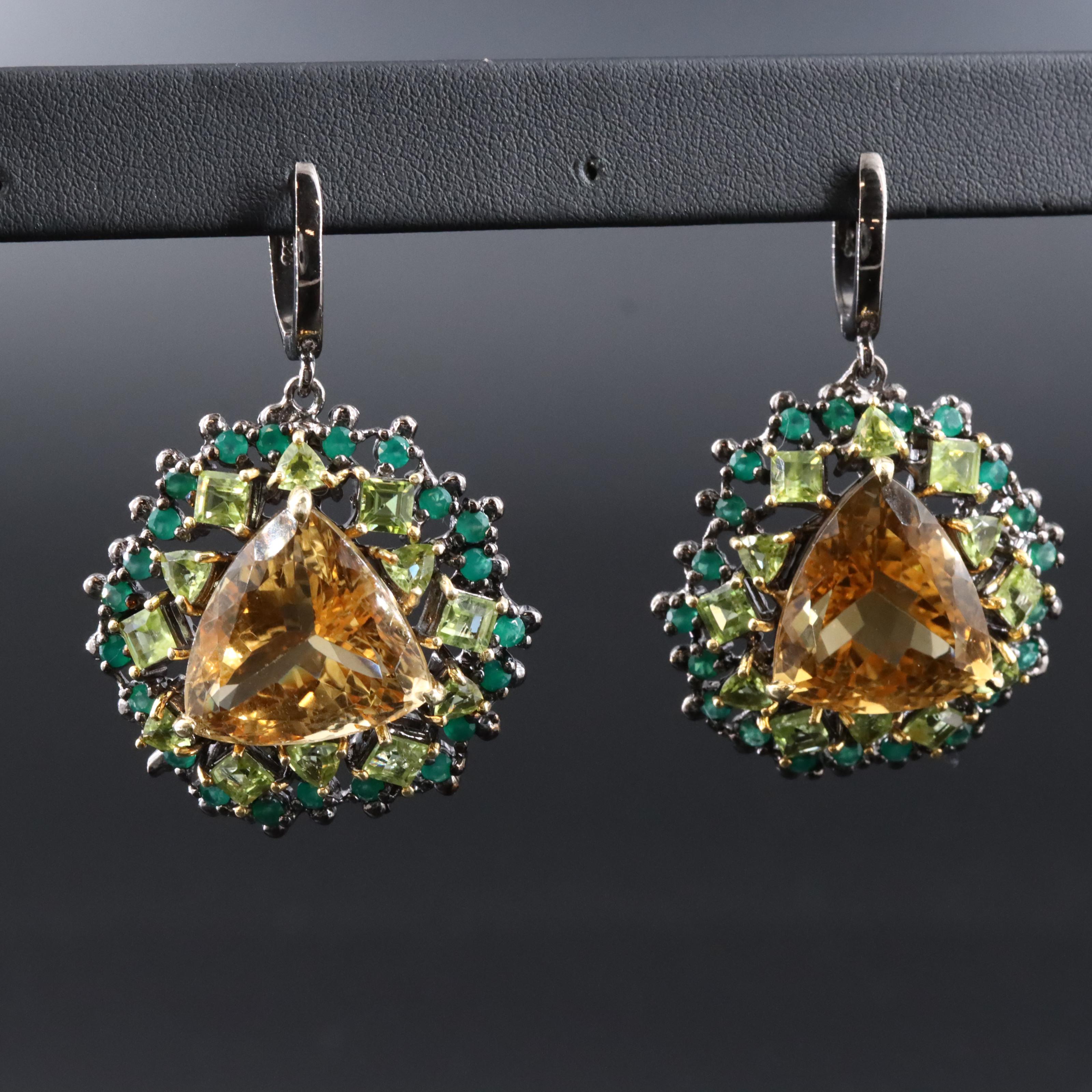 Sterling Citrine, Peridot and Chalcedony Earrings